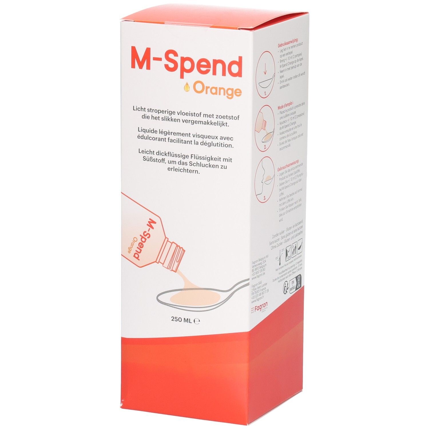 M-Spend Orange Karton mit Abbildung einer Flüssigkeit auf einem Löffel. 250 ml.