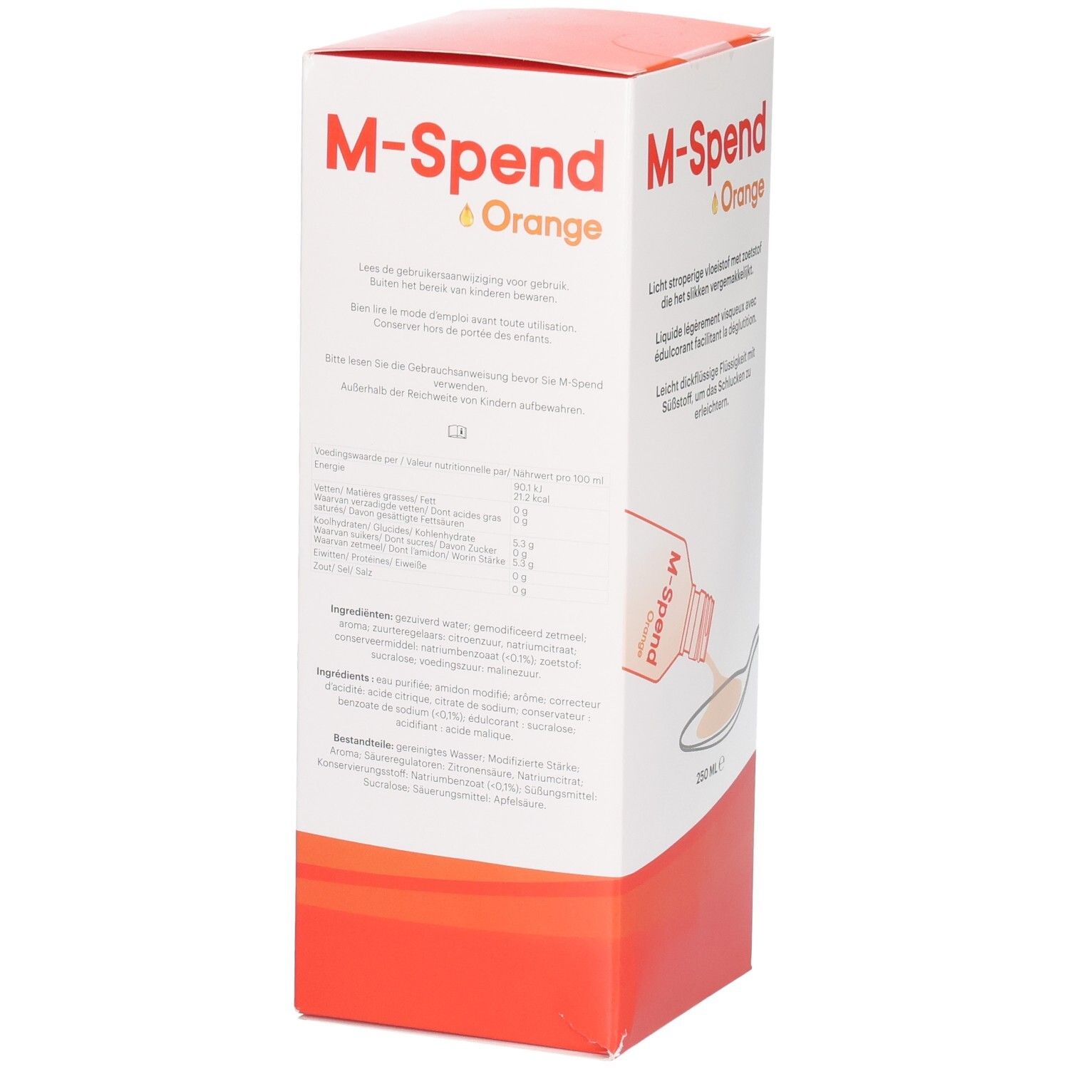 Rückseite der M-Spend Orange Kartonverpackung mit Nährwertangaben und Inhaltsstoffen.