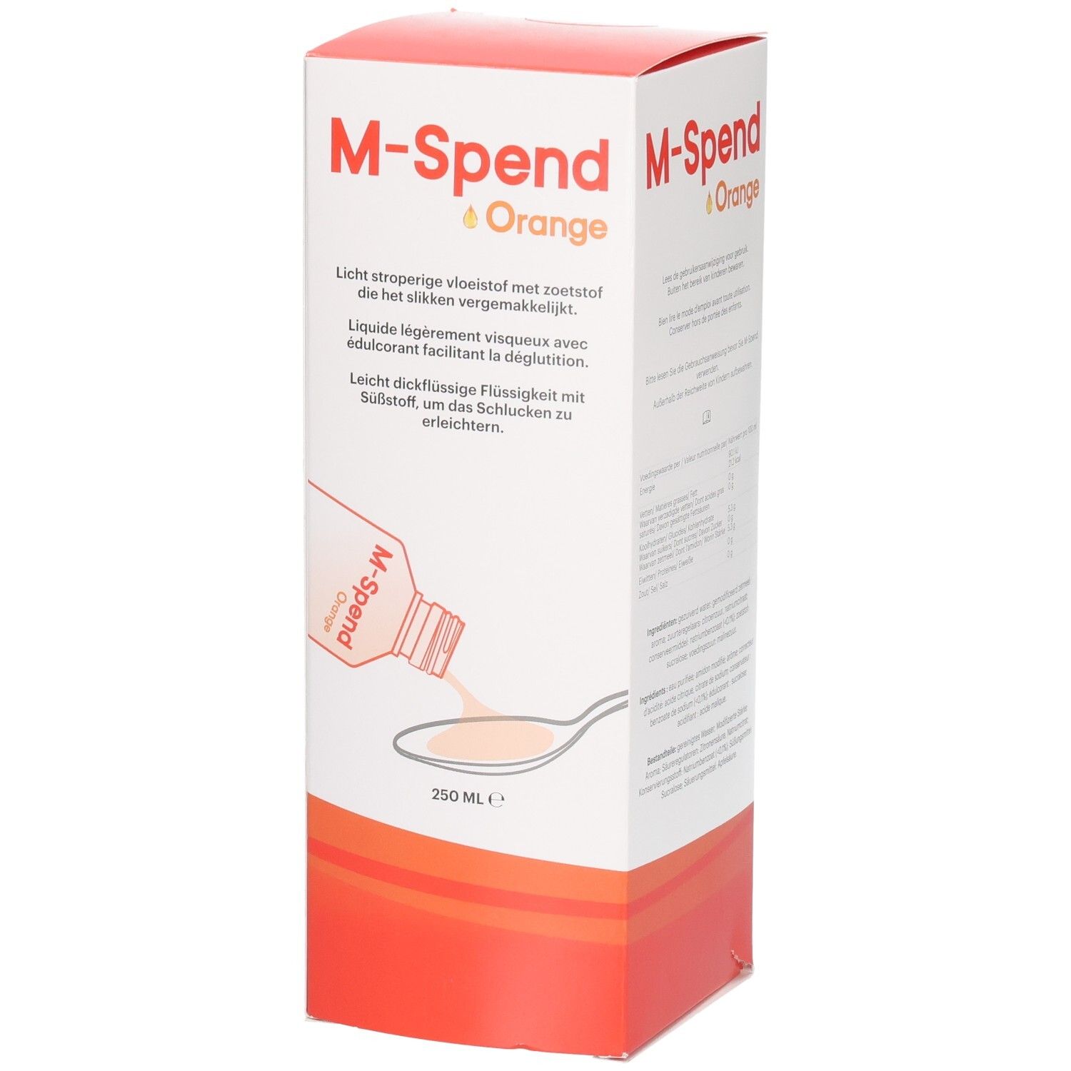 M-Spend Orange Karton mit Abbildung einer Flüssigkeit auf einem Löffel. 250 ml.