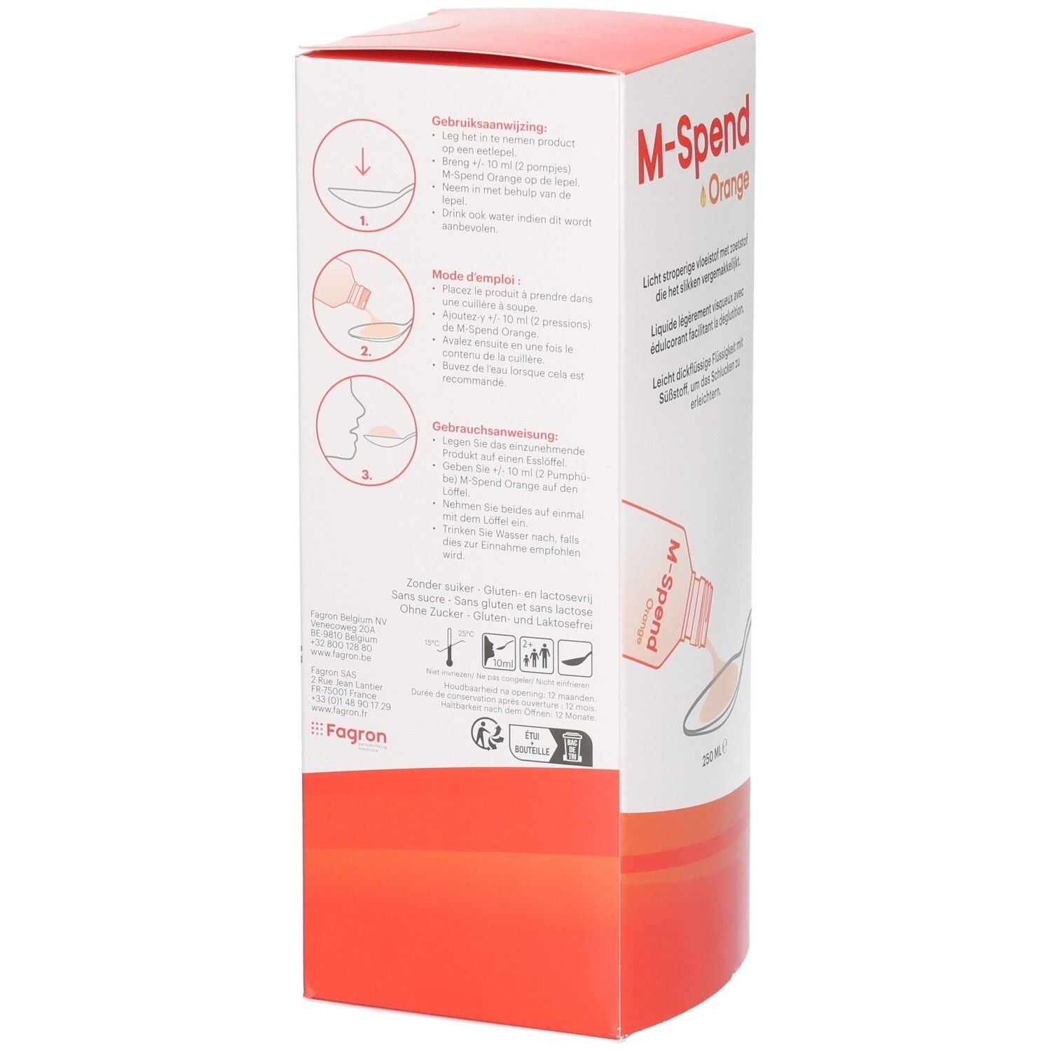 Seitenansicht der M-Spend Orange Kartonverpackung mit Anwendungshinweisen und Siegeln.