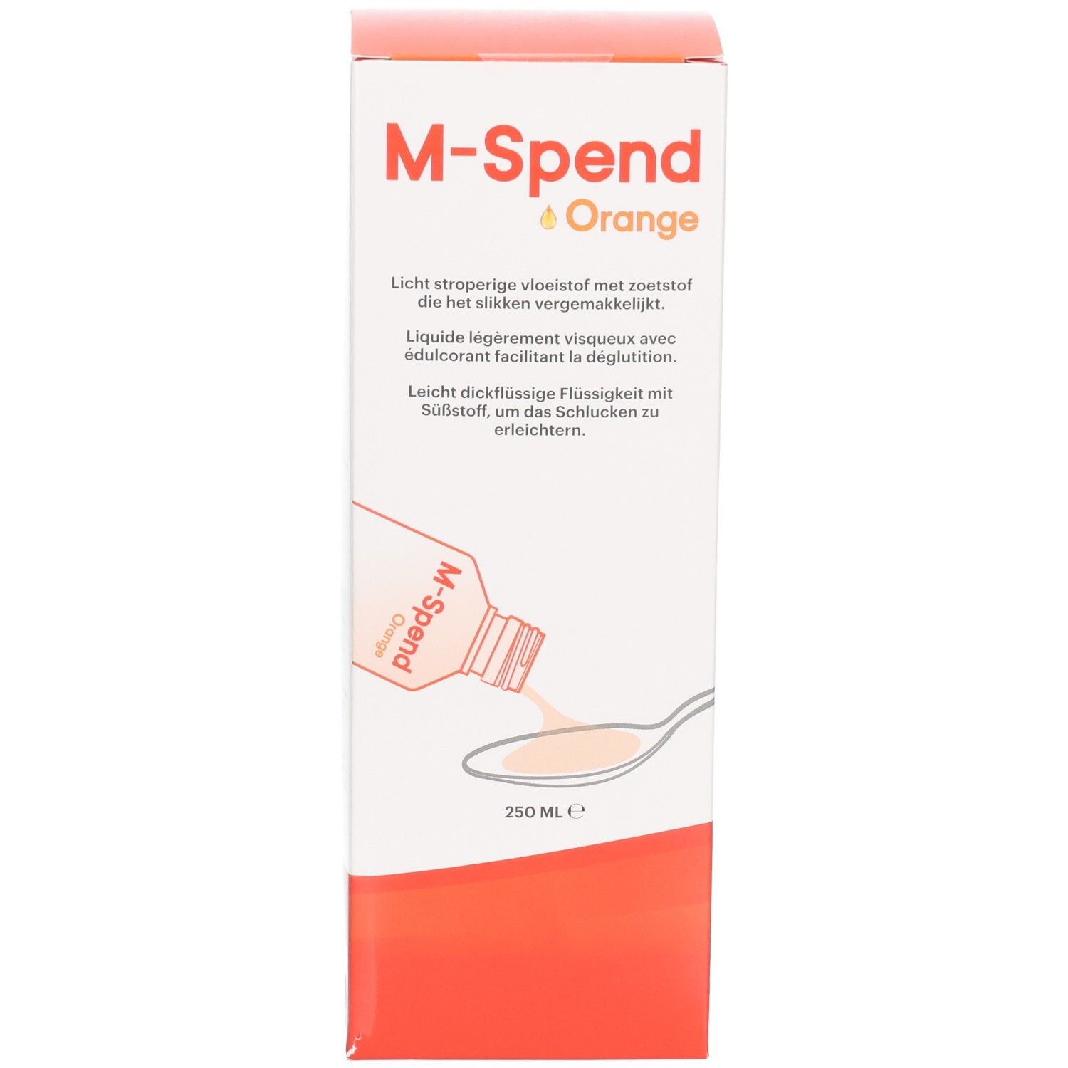 M-Spend Orange Karton mit Abbildung einer Flüssigkeit auf einem Löffel. 250 ml.