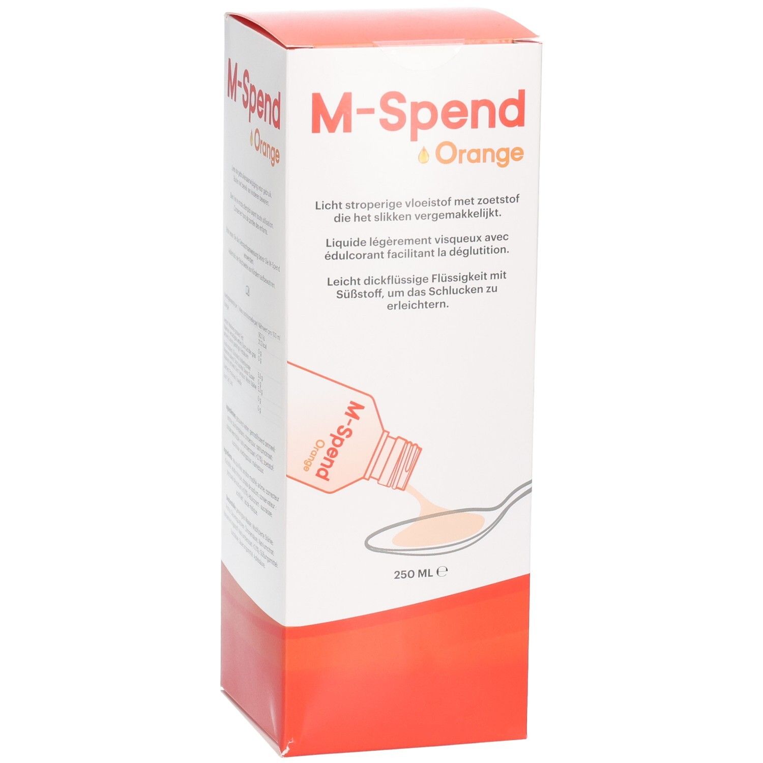 M-Spend Orange Karton mit Abbildung einer Flüssigkeit auf einem Löffel. 250 ml.