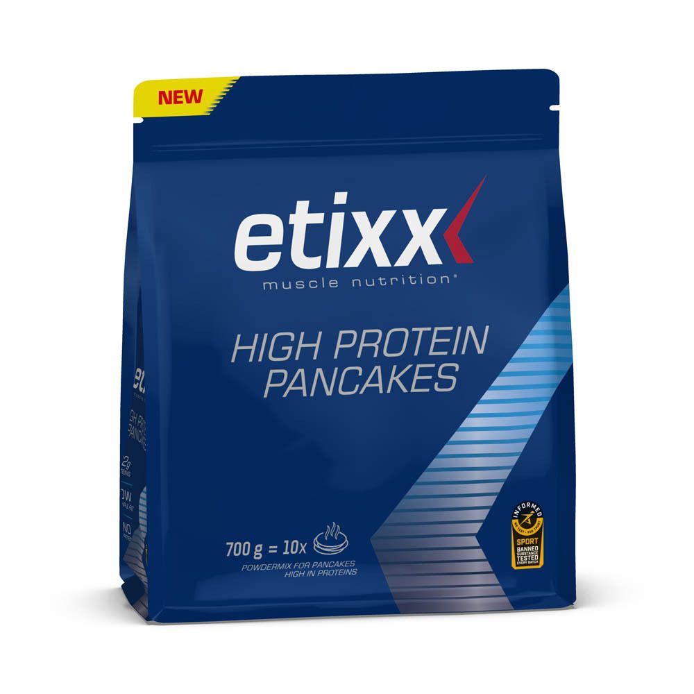 Paquet de pancakes protéinés Etixx. Emballage bleu avec informations produit et logo.