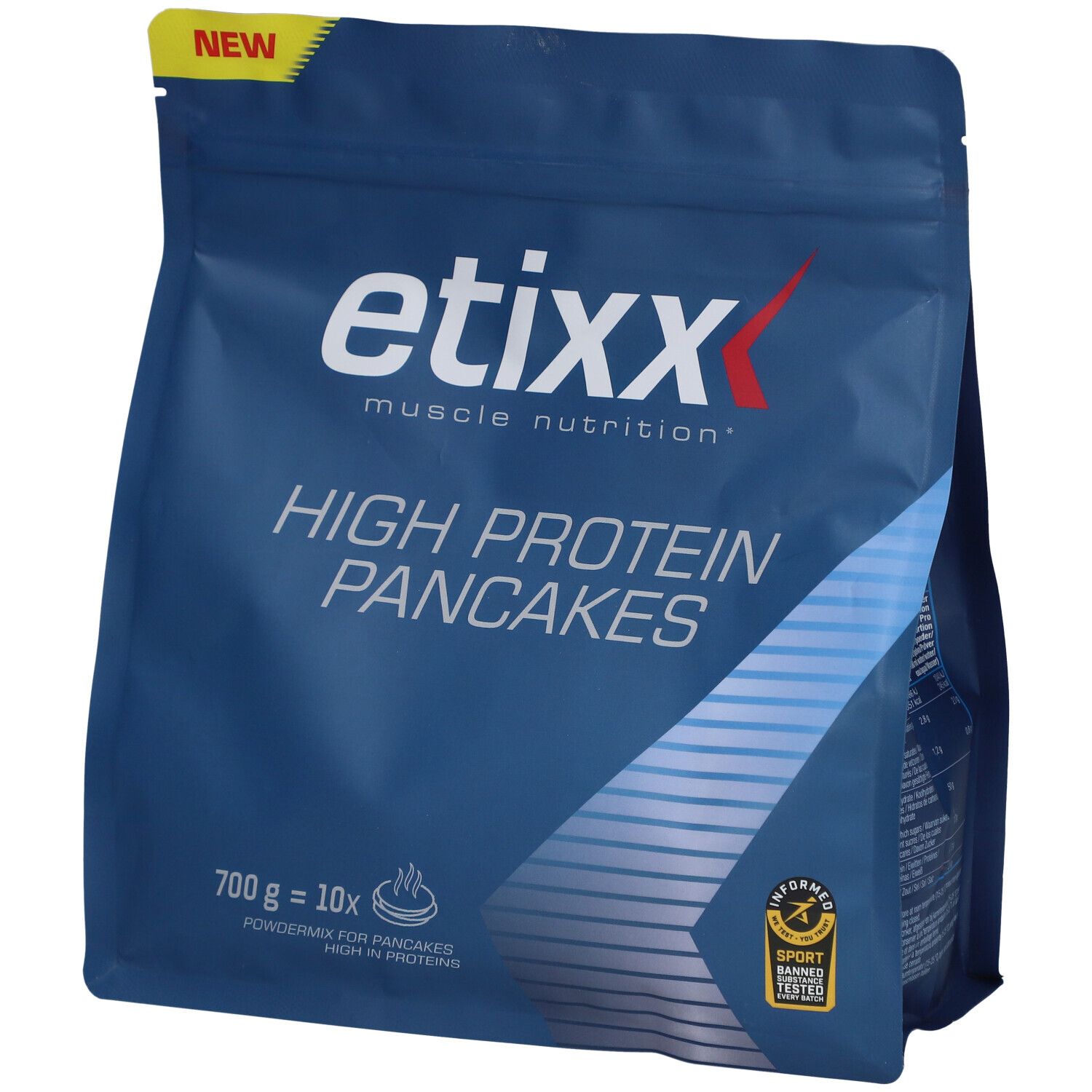 Etixx High Protein Pancakes Packung. Blaue Verpackung mit Produktinformationen und Logo.