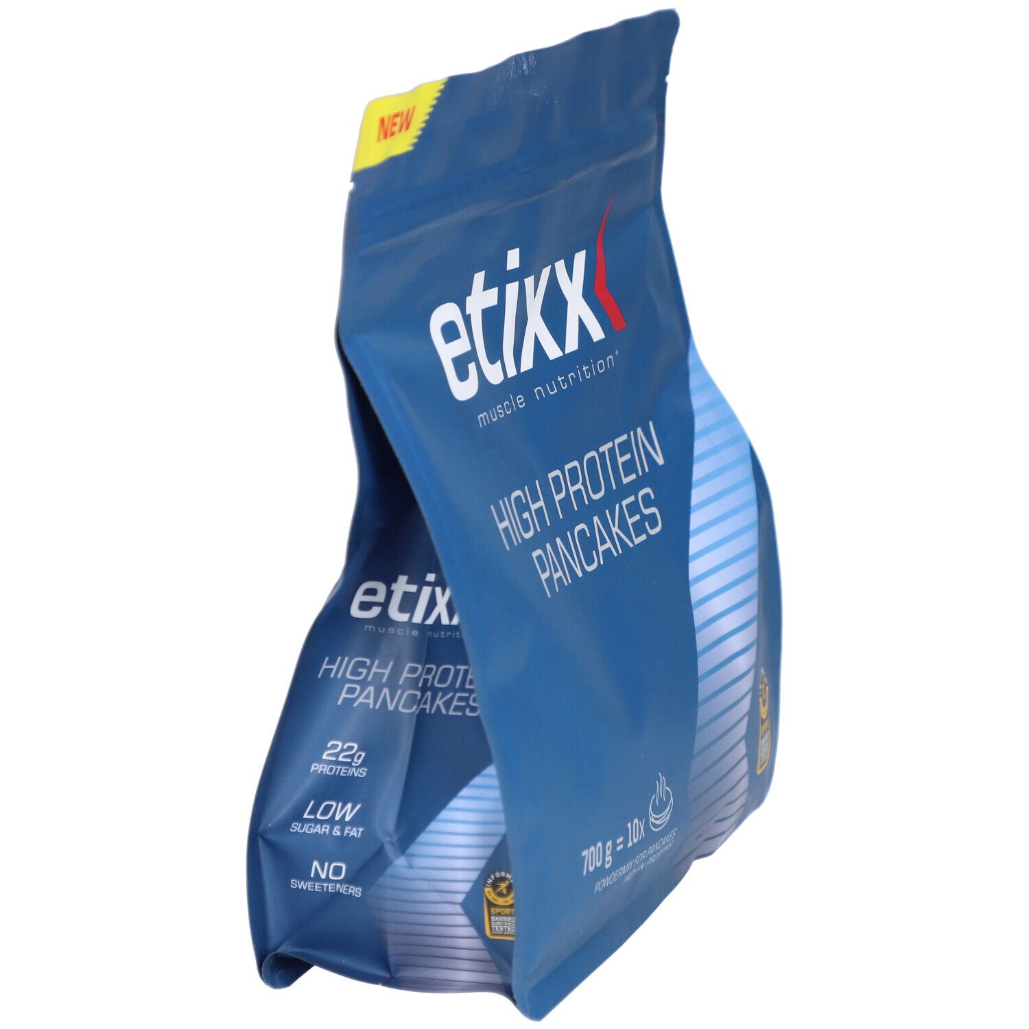 Etixx High Protein Pancakes Packung. Blaue Verpackung, Produktinformationen und Logo.