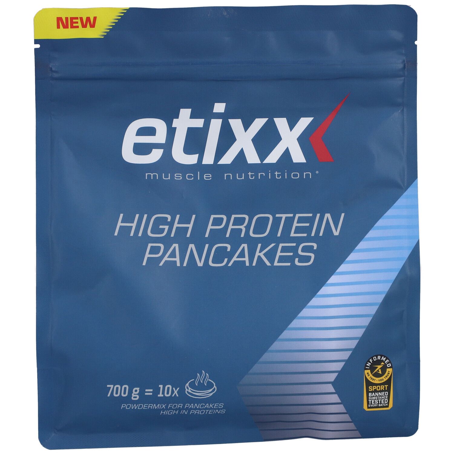 Etixx High Protein Pancakes Packung. Blaue Verpackung mit Produktinformationen und Logo.