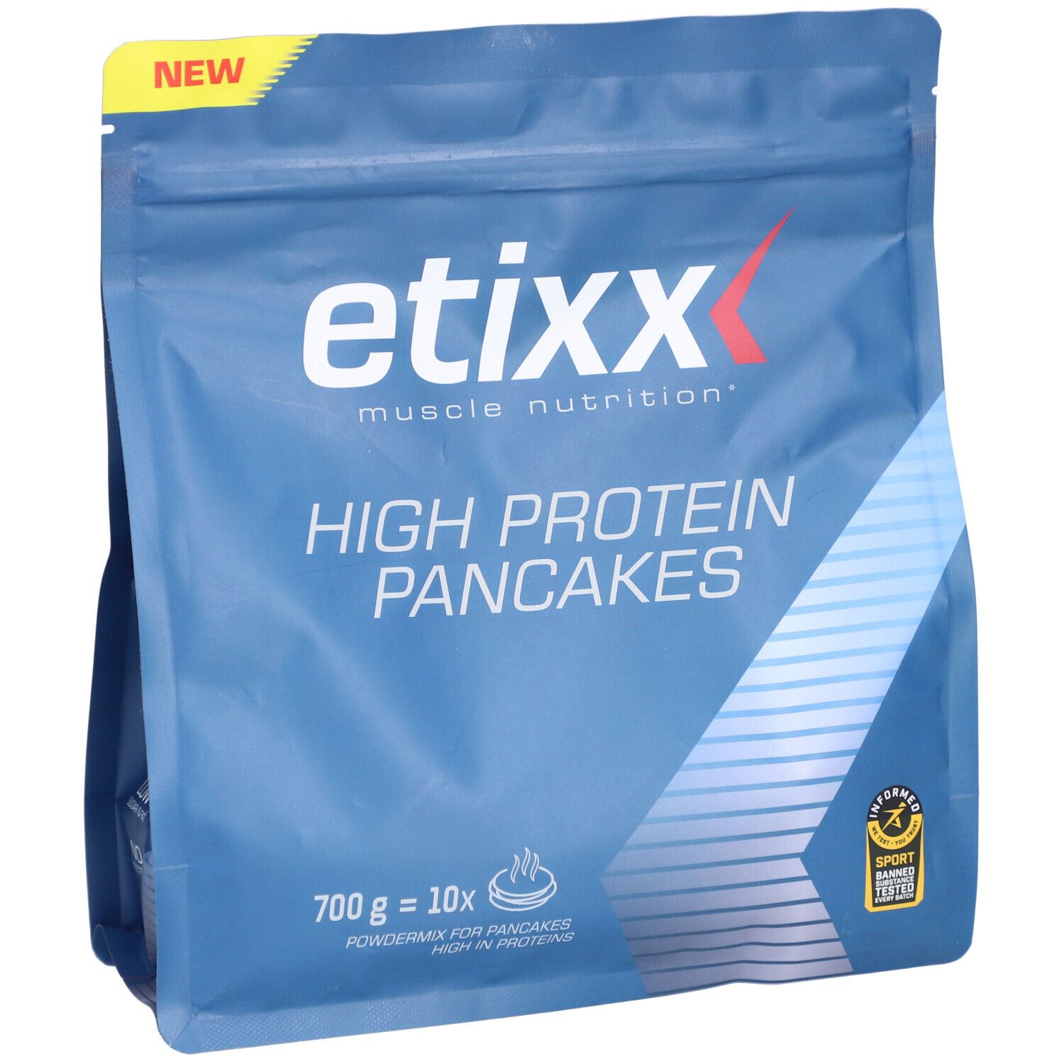 Etixx High Protein Pancakes Packung. Blaue Verpackung mit Produktinformationen und Logo.
