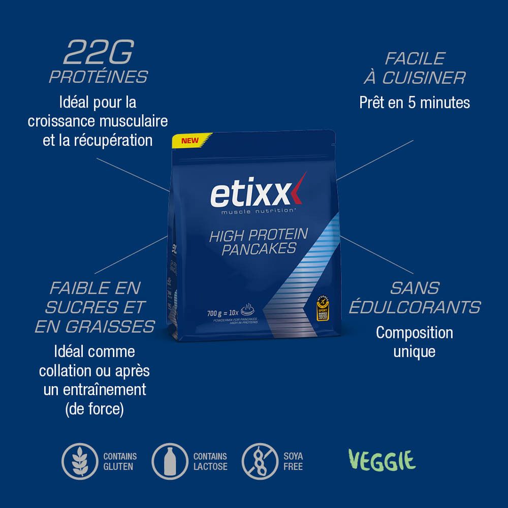 Dos du paquet de pancakes protéinés Etixx. Texte multilingue, logo et informations.