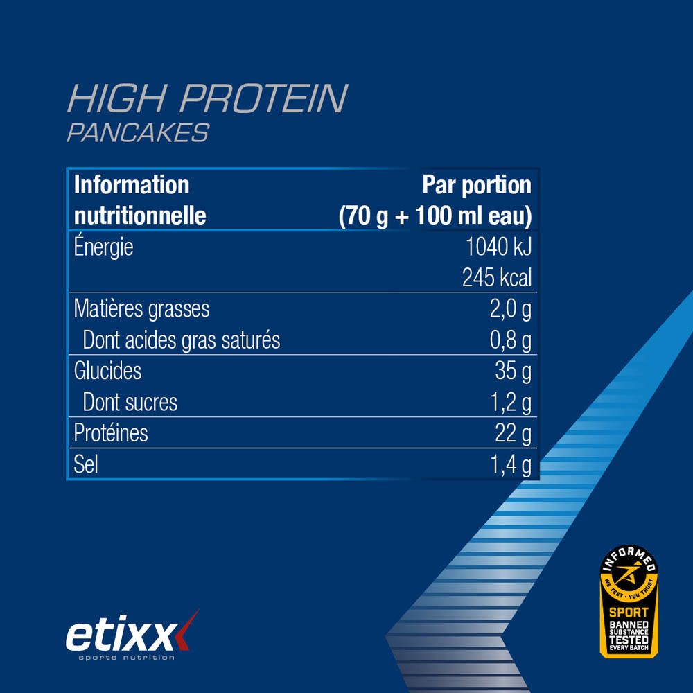 Paquet de pancakes protéinés Etixx. Emballage bleu avec informations produit et logo.