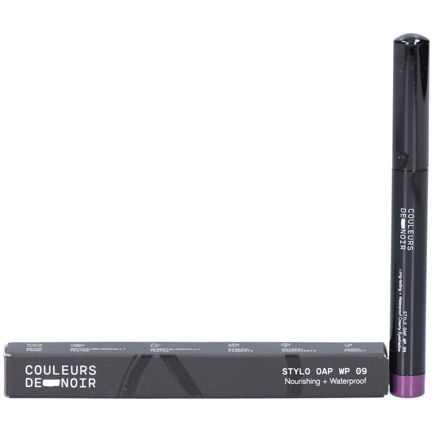 Produkt und Verpackung. Aufschrift: COULEURS DE NOIR, STYLO OAP WP 09. Nourishing + Waterproof.