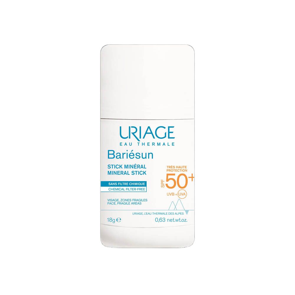 Uriage Bariésun Mineralstift SPF 50+. Visuel produit avec texte. SPF 50+. Pour peaux sensibles.