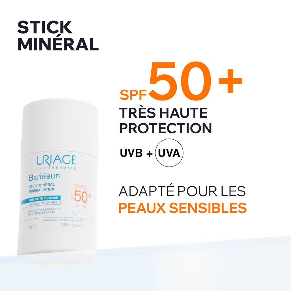 Uriage Bariésun Mineralstift SPF 50+. Produit en cours d'utilisation. Visage. Peaux sensibles.