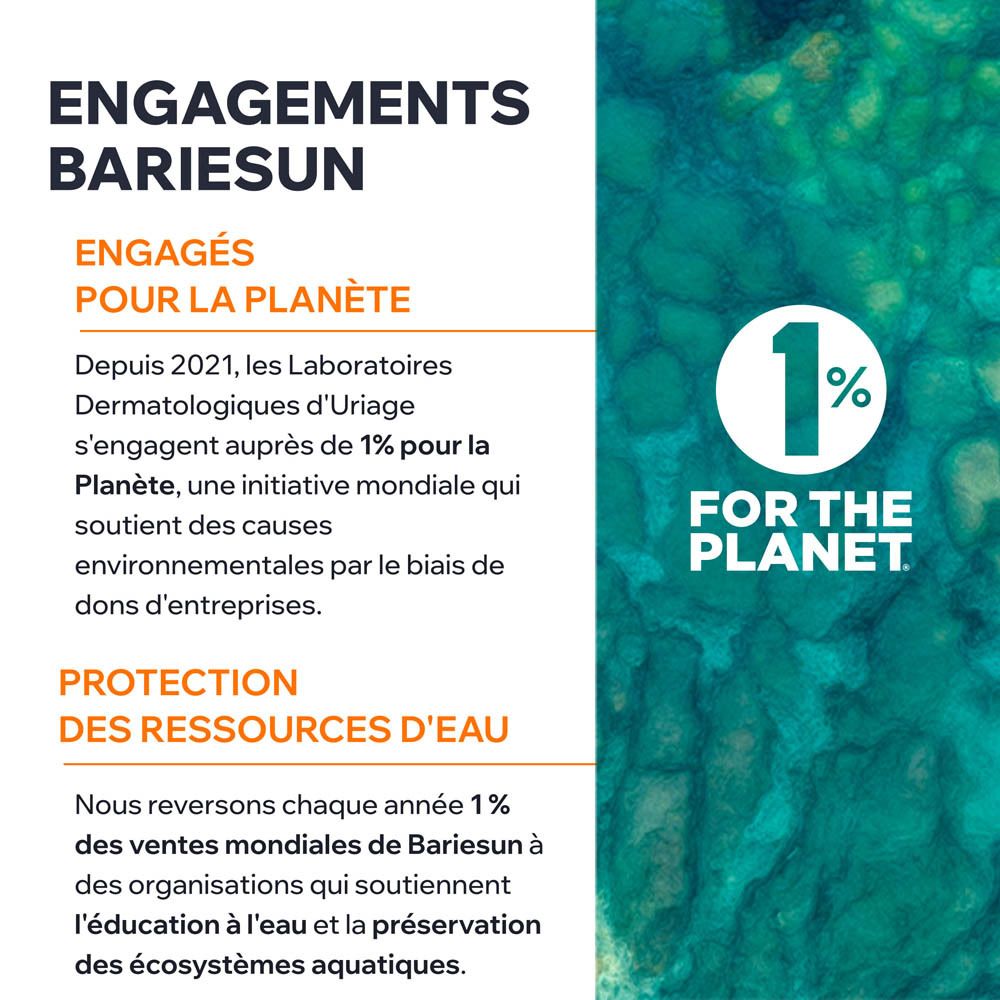 Uriage Bariésun Mineralstift SPF 50+. Visuel produit avec texte. SPF 50+. Pour peaux sensibles.