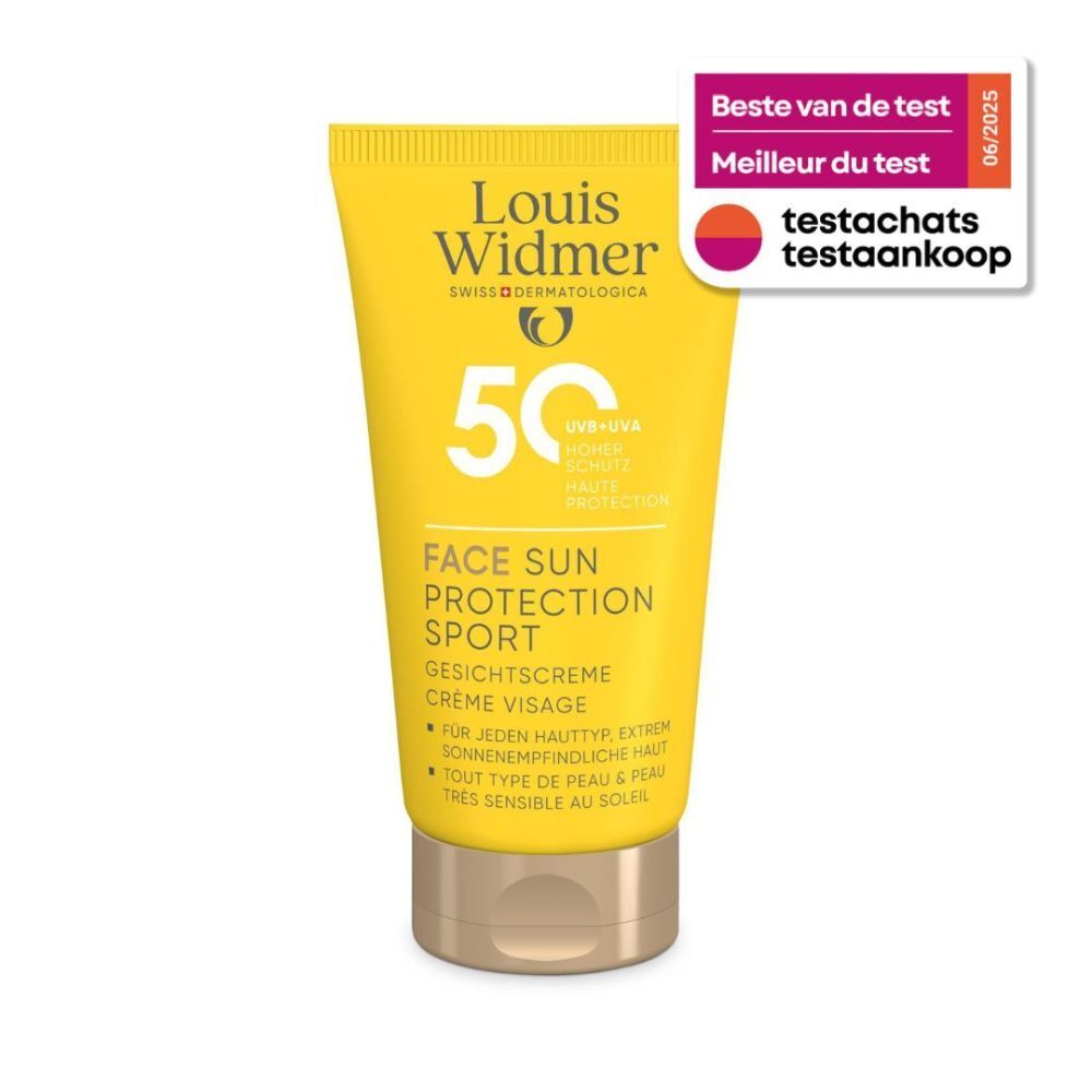 Tube jaune Louis Widmer Face Sun Protection Sport SPF50. 50, UV+UVA, haute protection. Crème visage.