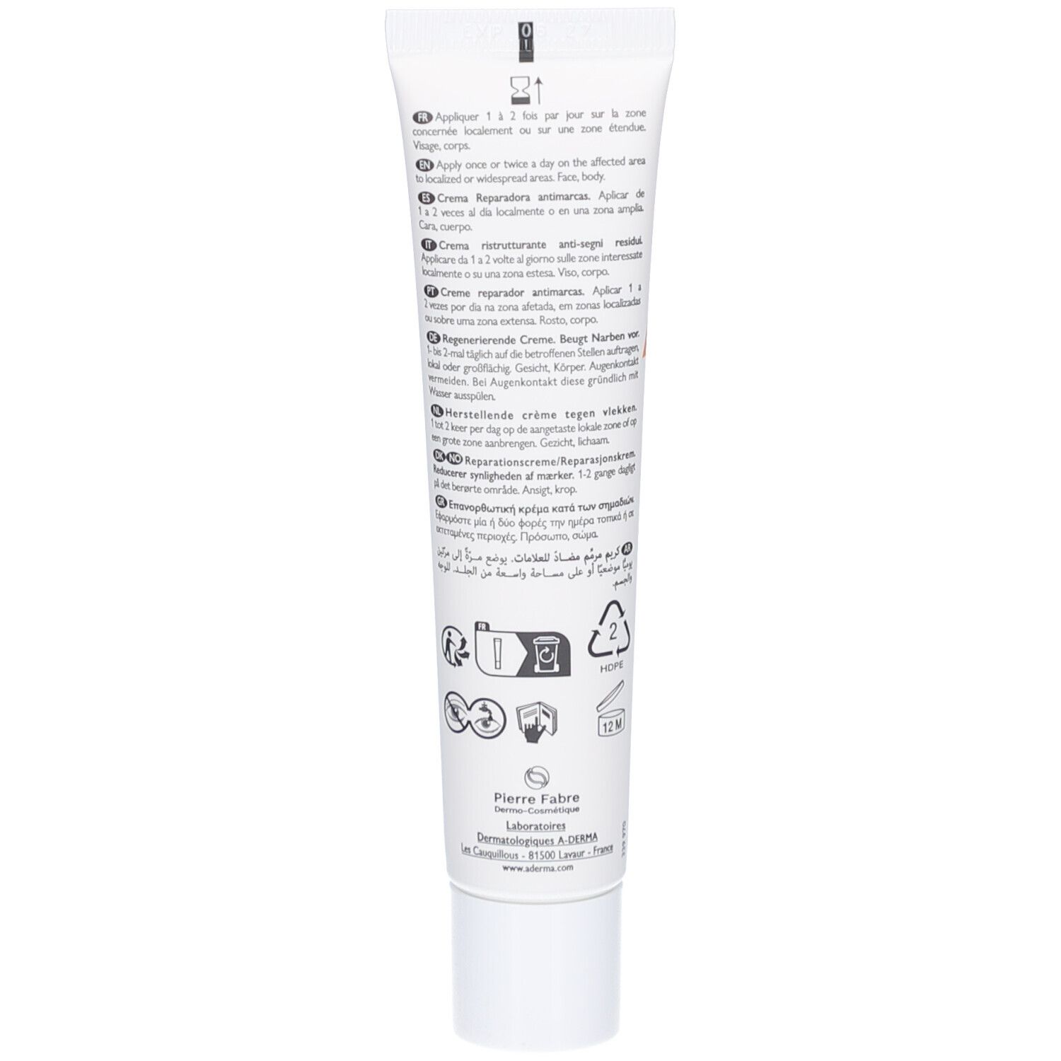Rückseite der A-Derma EPITHELIALE Ultra Repair SPF50+ Tube. Text.