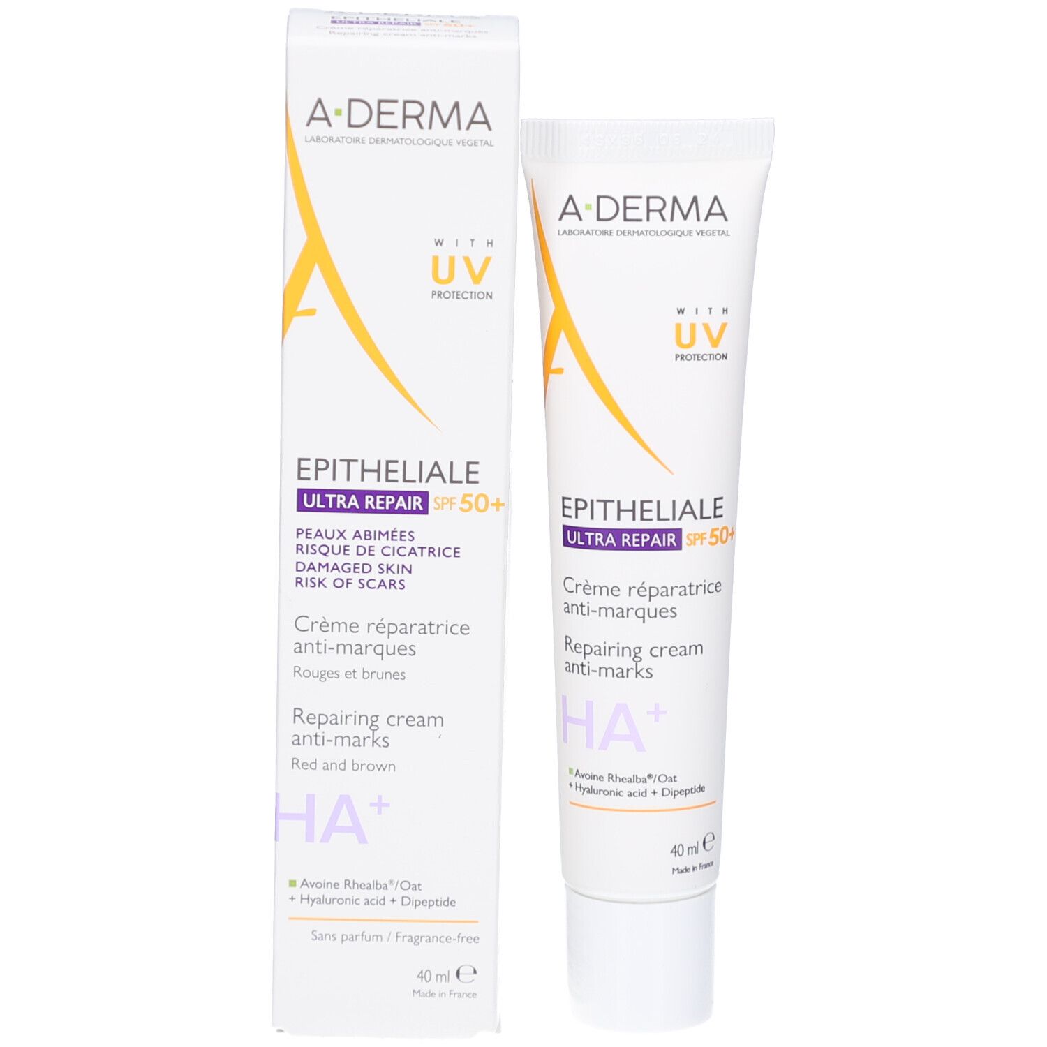 A-Derma EPITHELIALE Ultra Repair SPF50+ Tube und Verpackung. 40ml.
