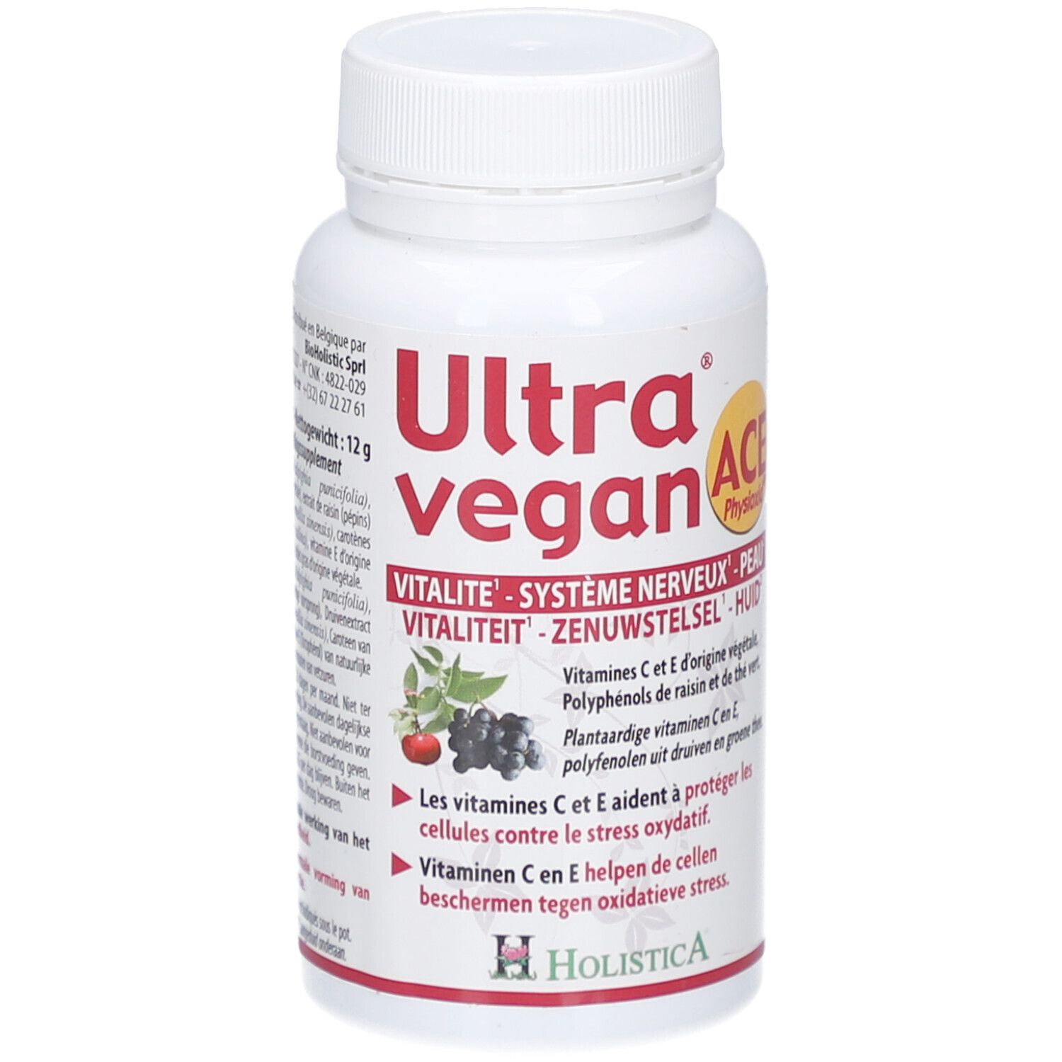 Weiße Flasche mit rotem und weißem Etikett. Aufschrift: Ultra vegan ACE. Enthält Vitamine C und E. Marke: Holistica.