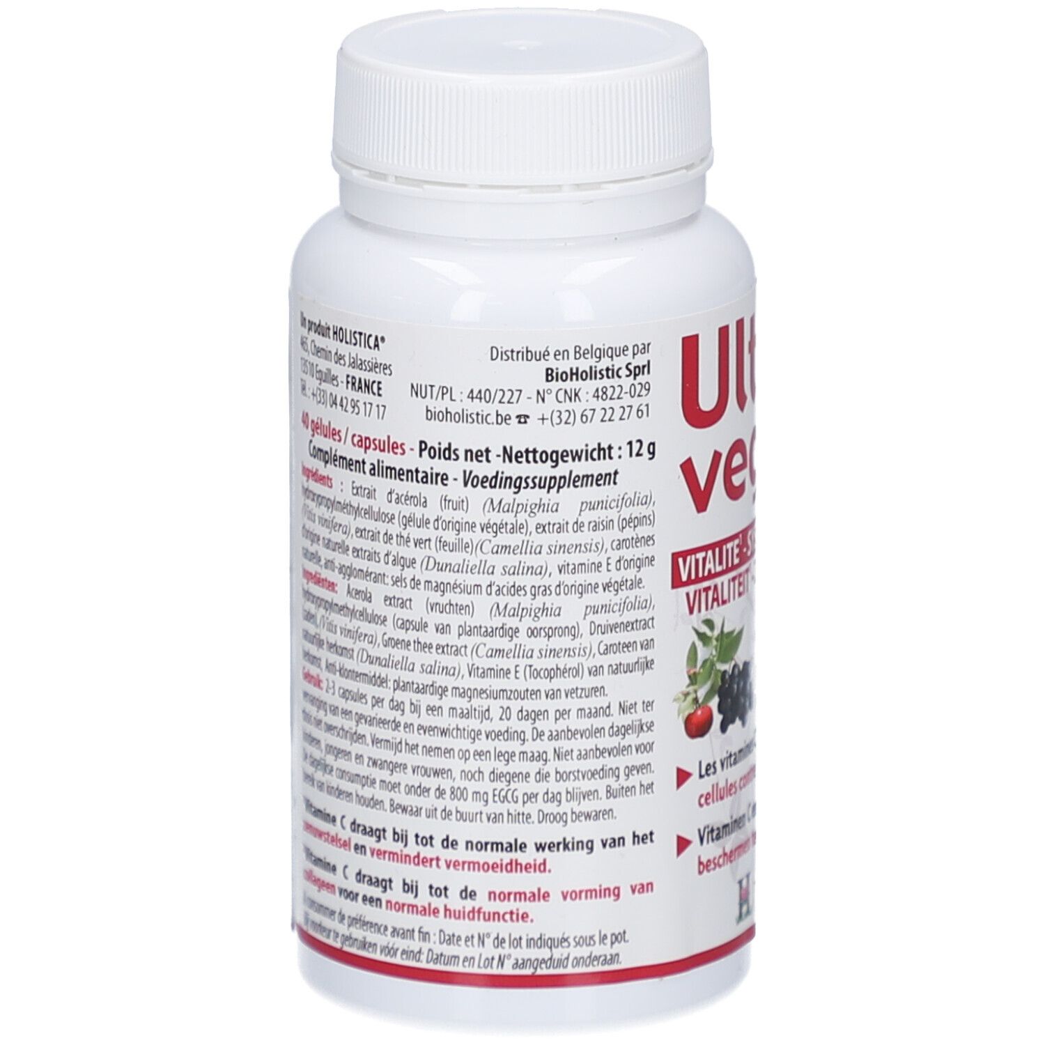 Rückseite einer weißen Flasche. Textliche Informationen über das Produkt. Marke: Holistica. Enthält 40 Kapseln.