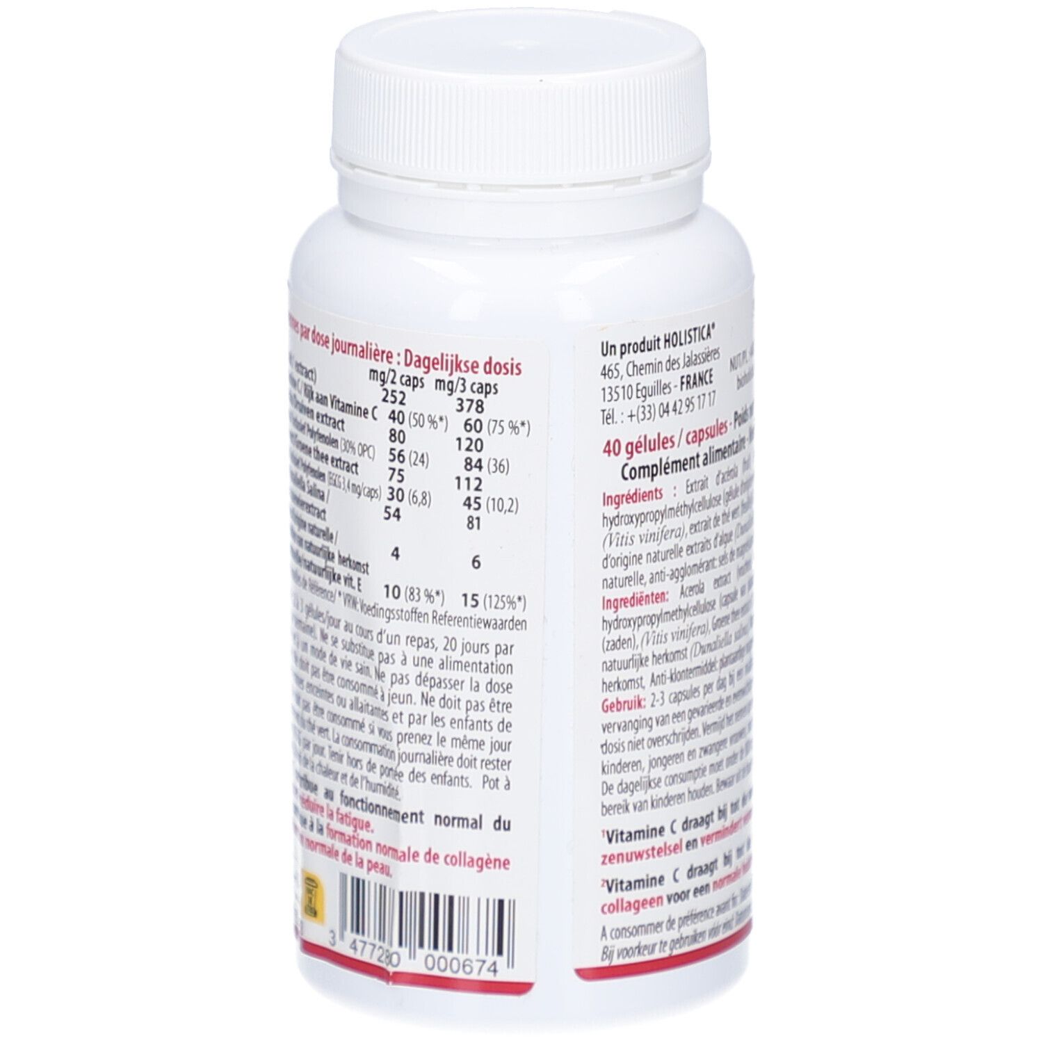 Rückseite einer weißen Flasche. Textliche Informationen über das Produkt. Marke: Holistica. Enthält 40 Kapseln.