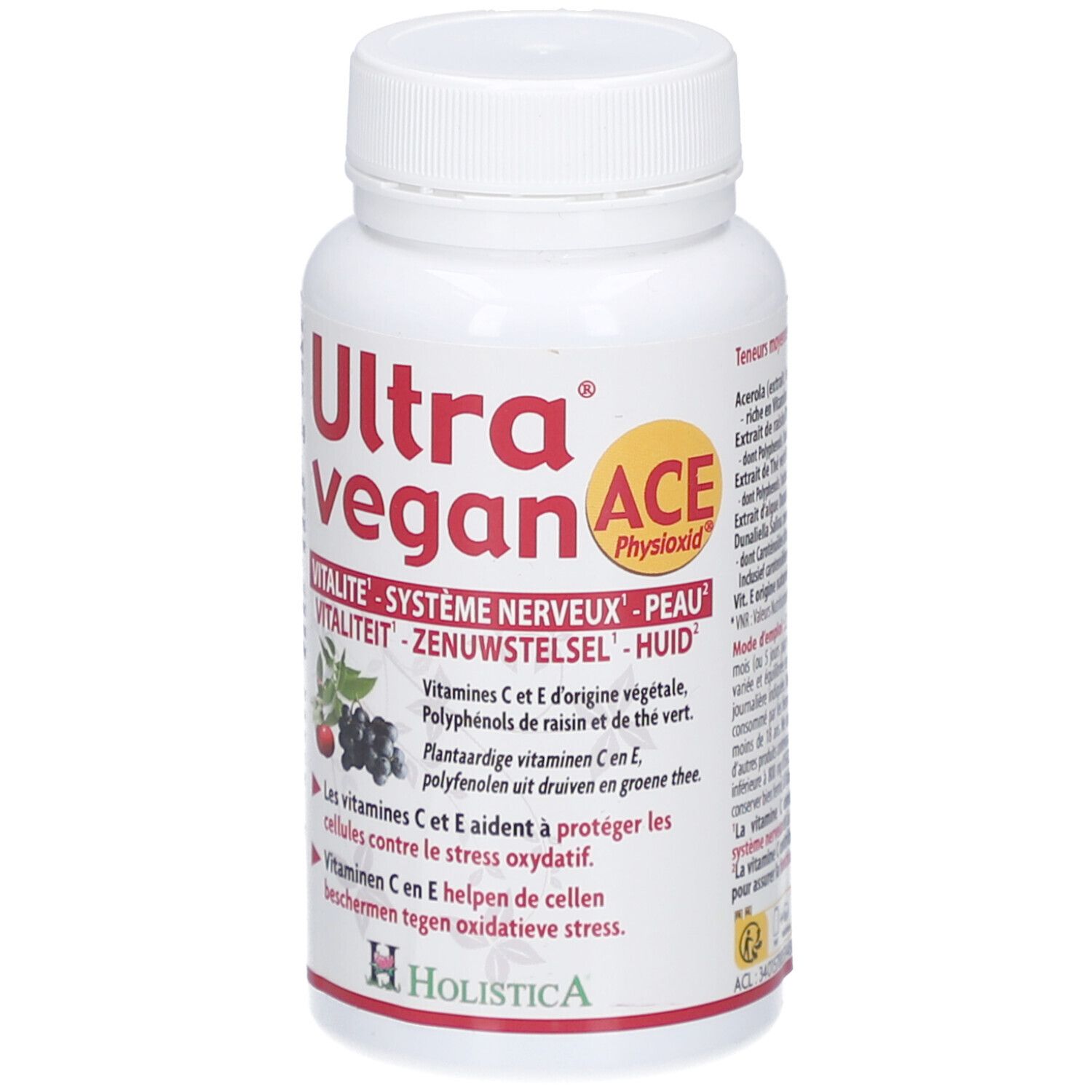 Weiße Flasche mit rotem und weißem Etikett. Aufschrift: Ultra vegan ACE. Enthält Vitamine C und E. Marke: Holistica.