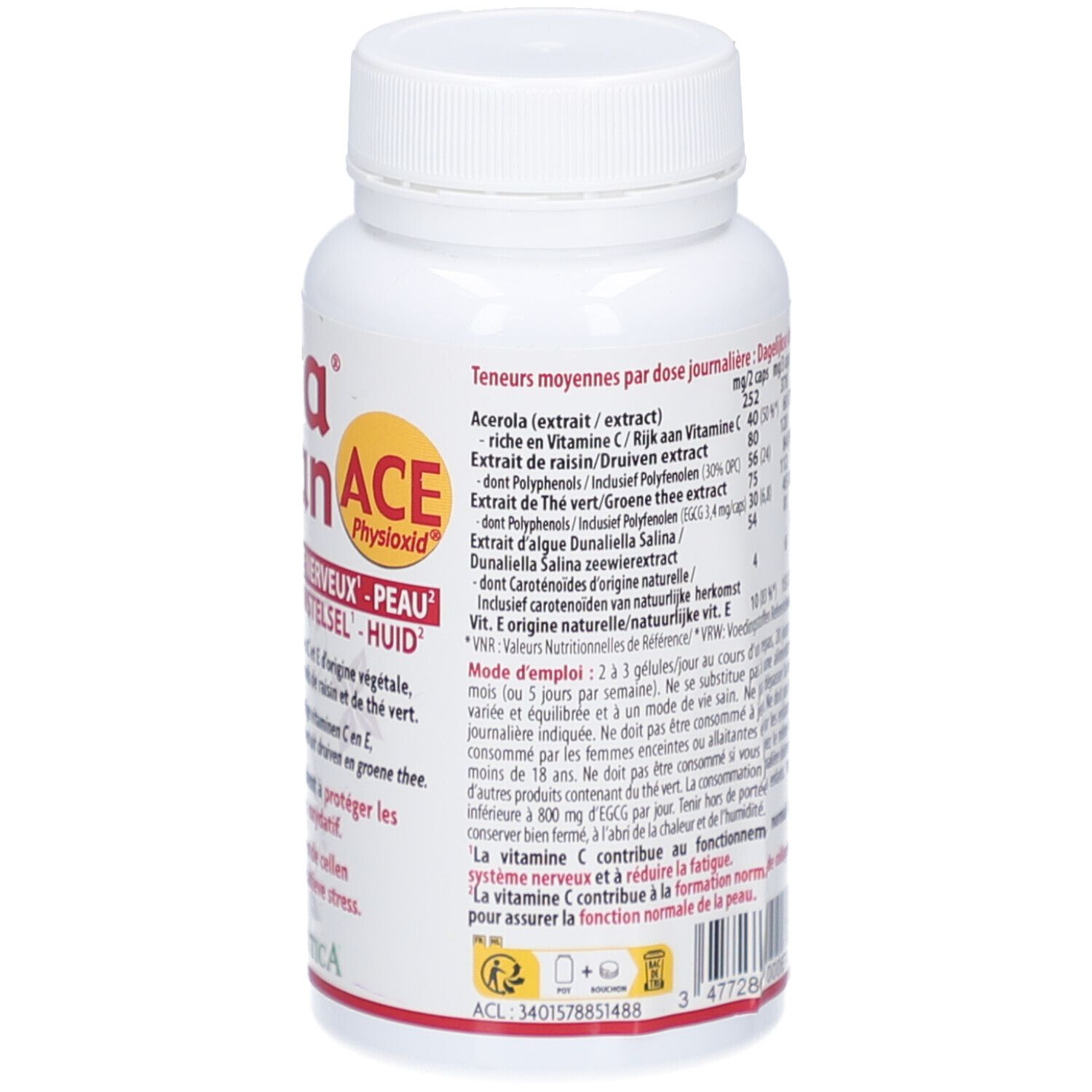 Rückseite einer weißen Flasche. Textliche Informationen über das Produkt. Marke: Holistica. Enthält 40 Kapseln.