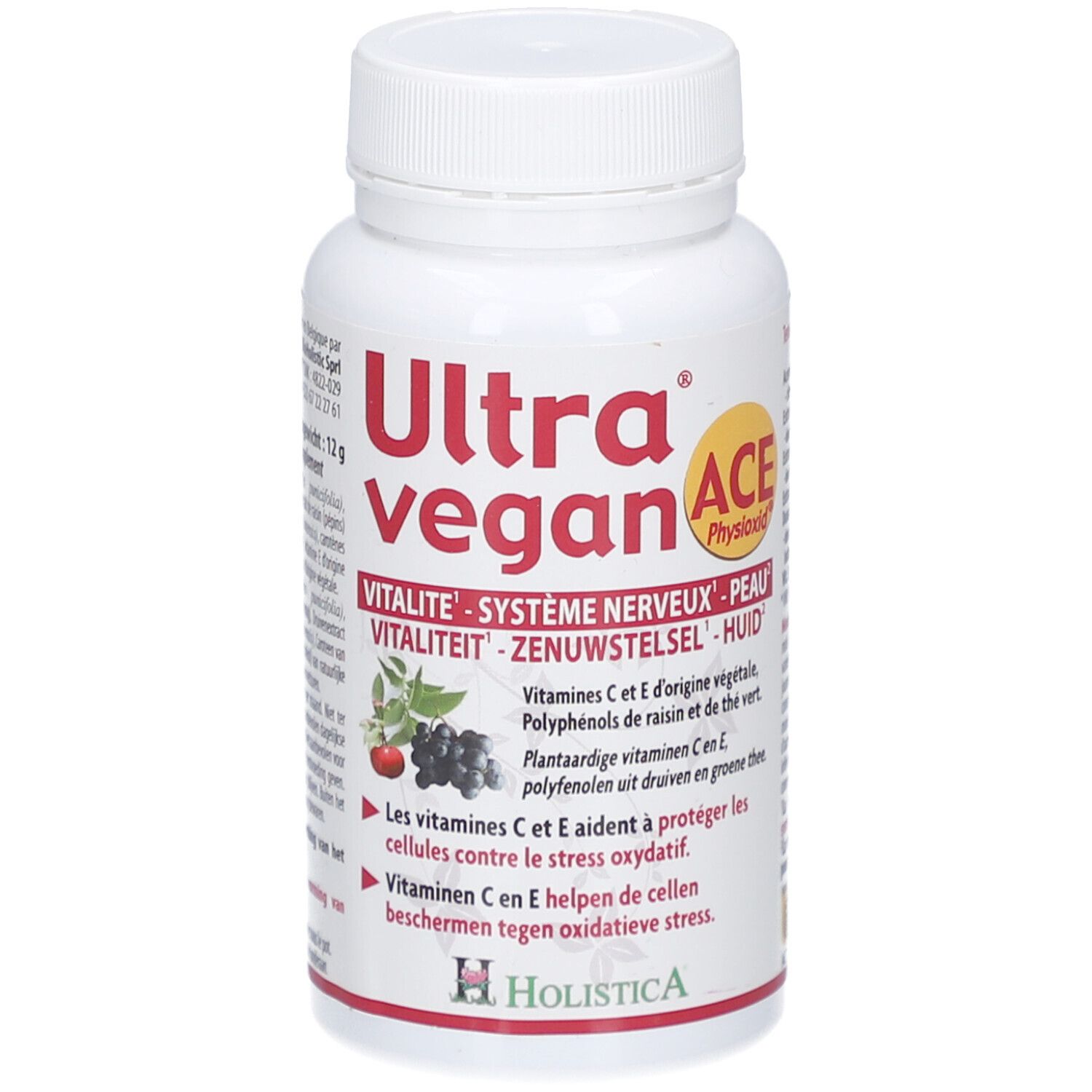 Weiße Flasche mit rotem und weißem Etikett. Aufschrift: Ultra vegan ACE. Enthält Vitamine C und E. Marke: Holistica.