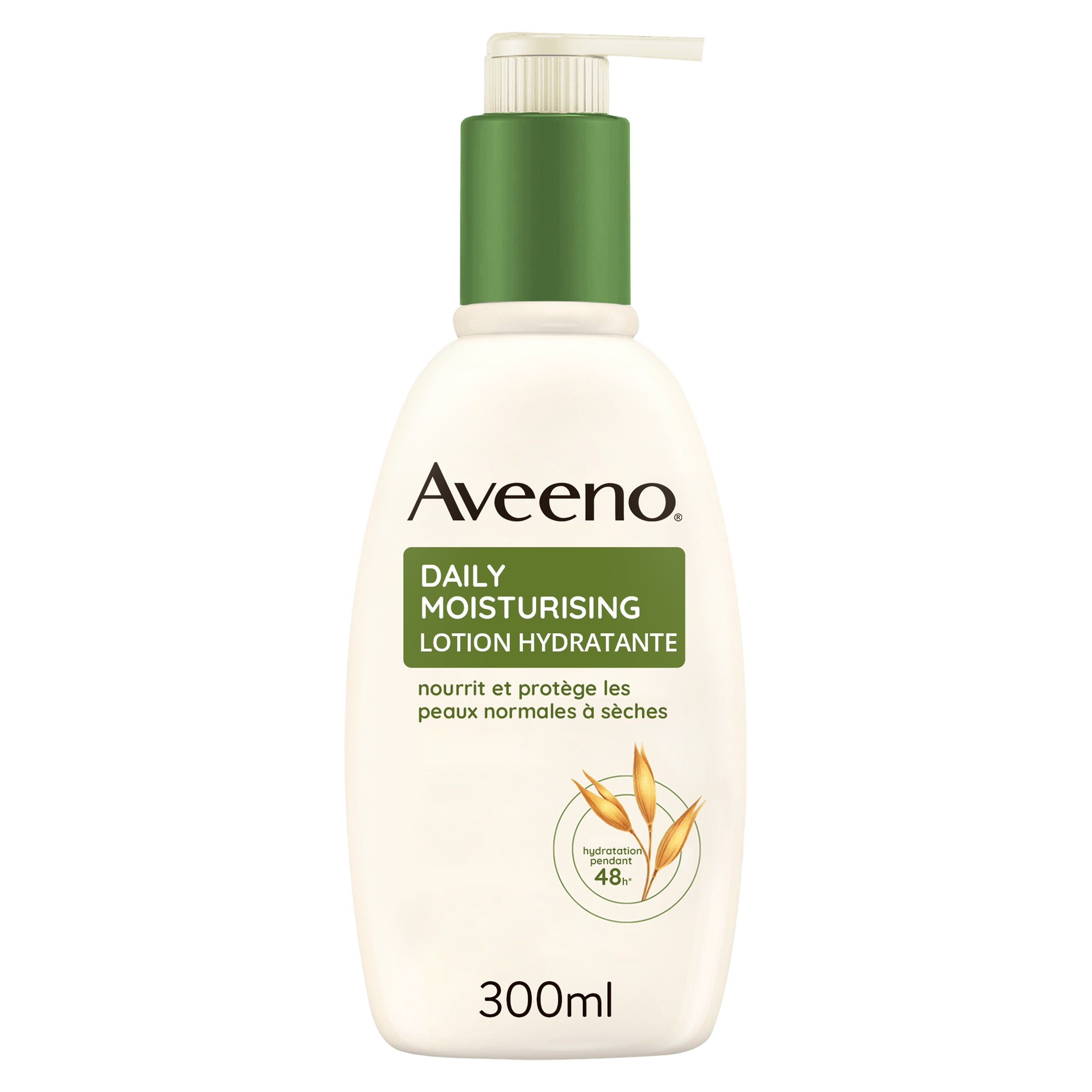 AVEENO Daily Moisturising Lotion hydratante. Flacon blanc avec pompe. Étiquette verte. 300 ml.