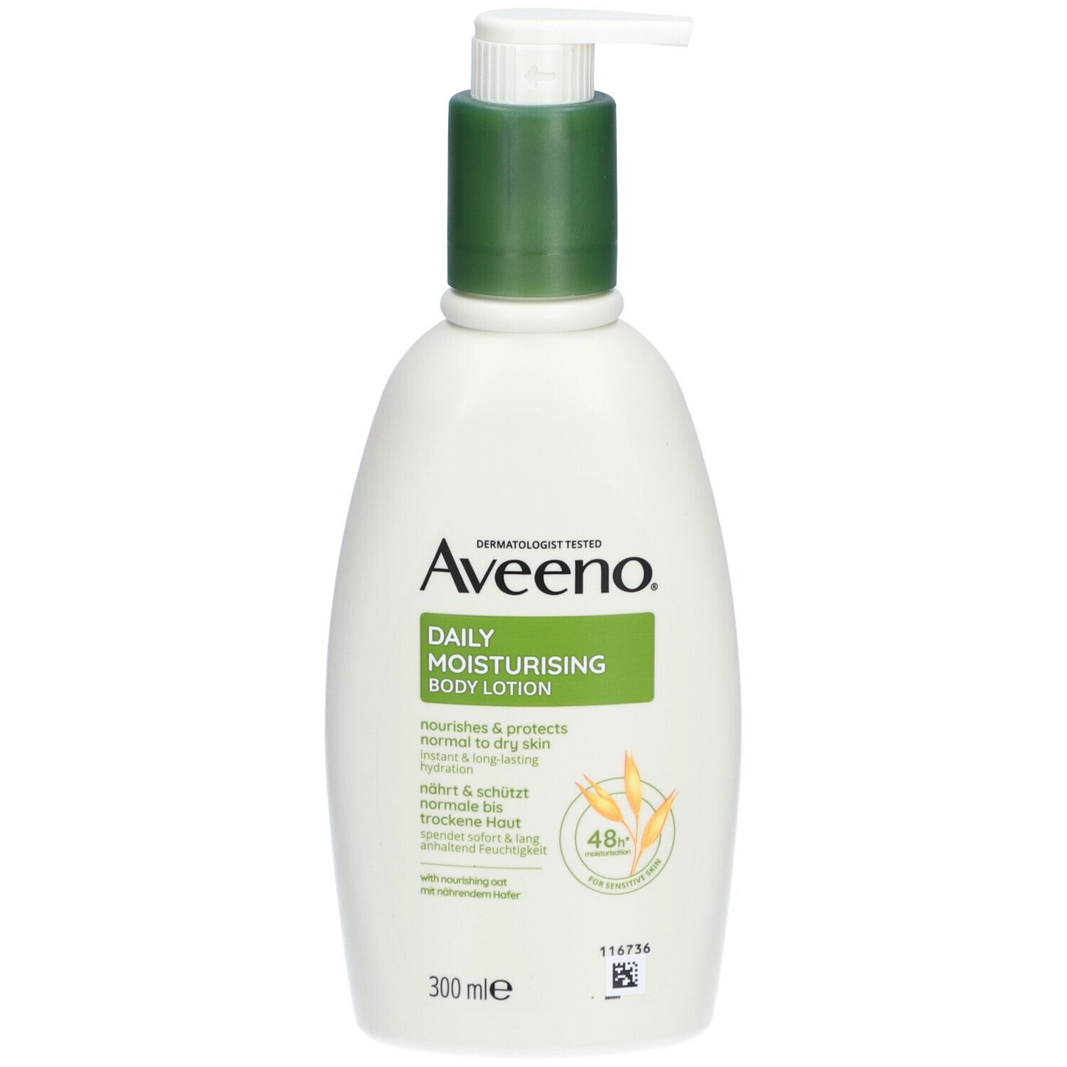 AVEENO Daily Moisturising Body Lotion. Weiße Flasche mit Pumpe. Grün-weiße Etikett. 300 ml.