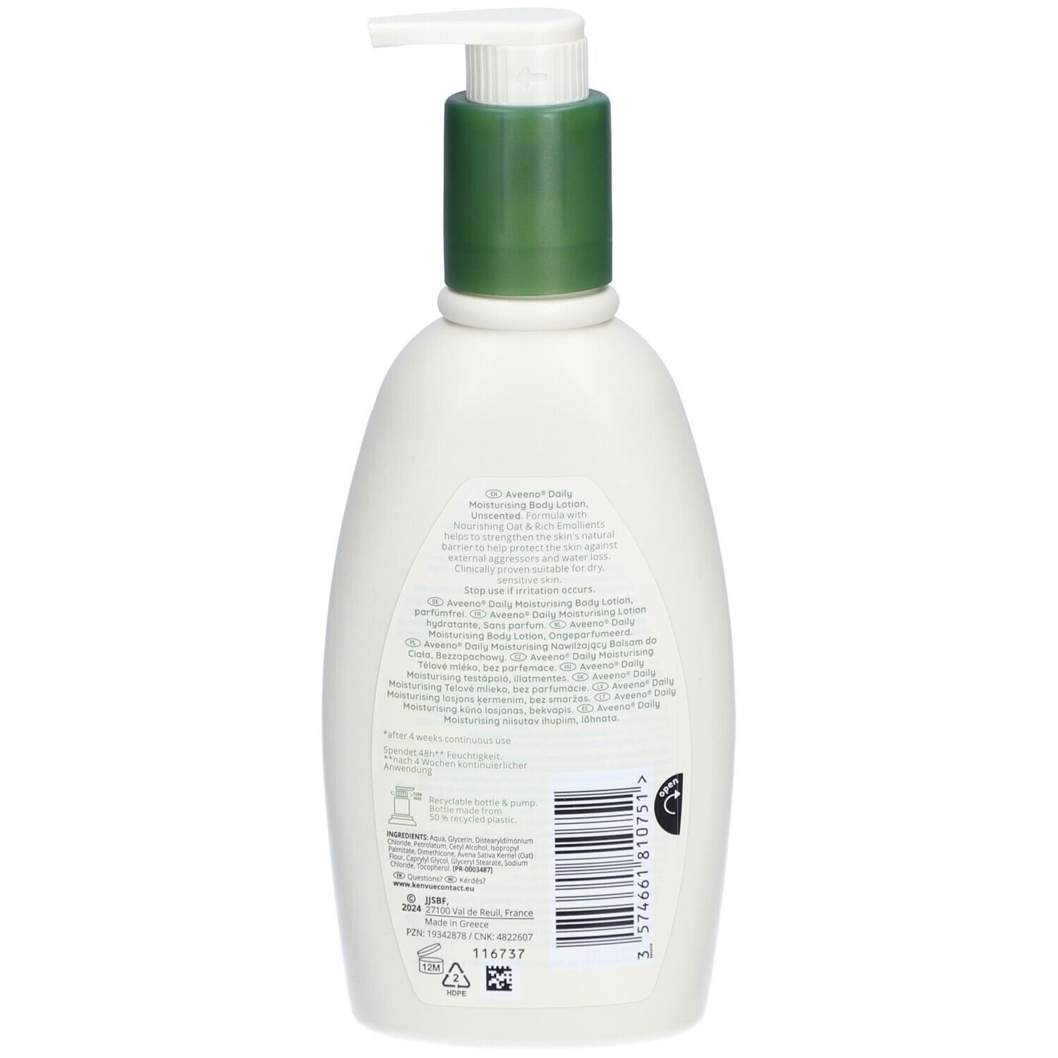 Rückseite der AVEENO Daily Moisturising Body Lotion. Textinformationen und Logos.