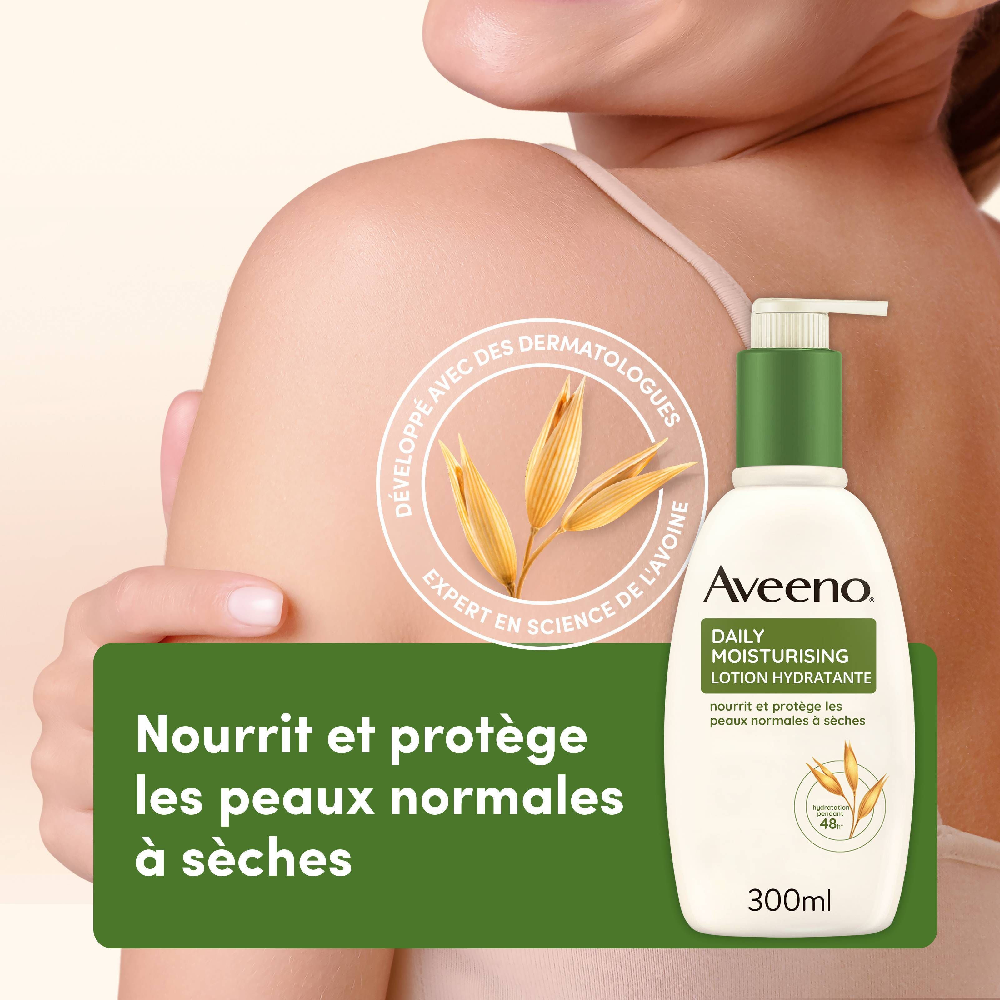 AVEENO Daily Moisturising Lotion hydratante. Flacon à côté d'un bras. Texte: Nourrit et protège les peaux normales à sèches.