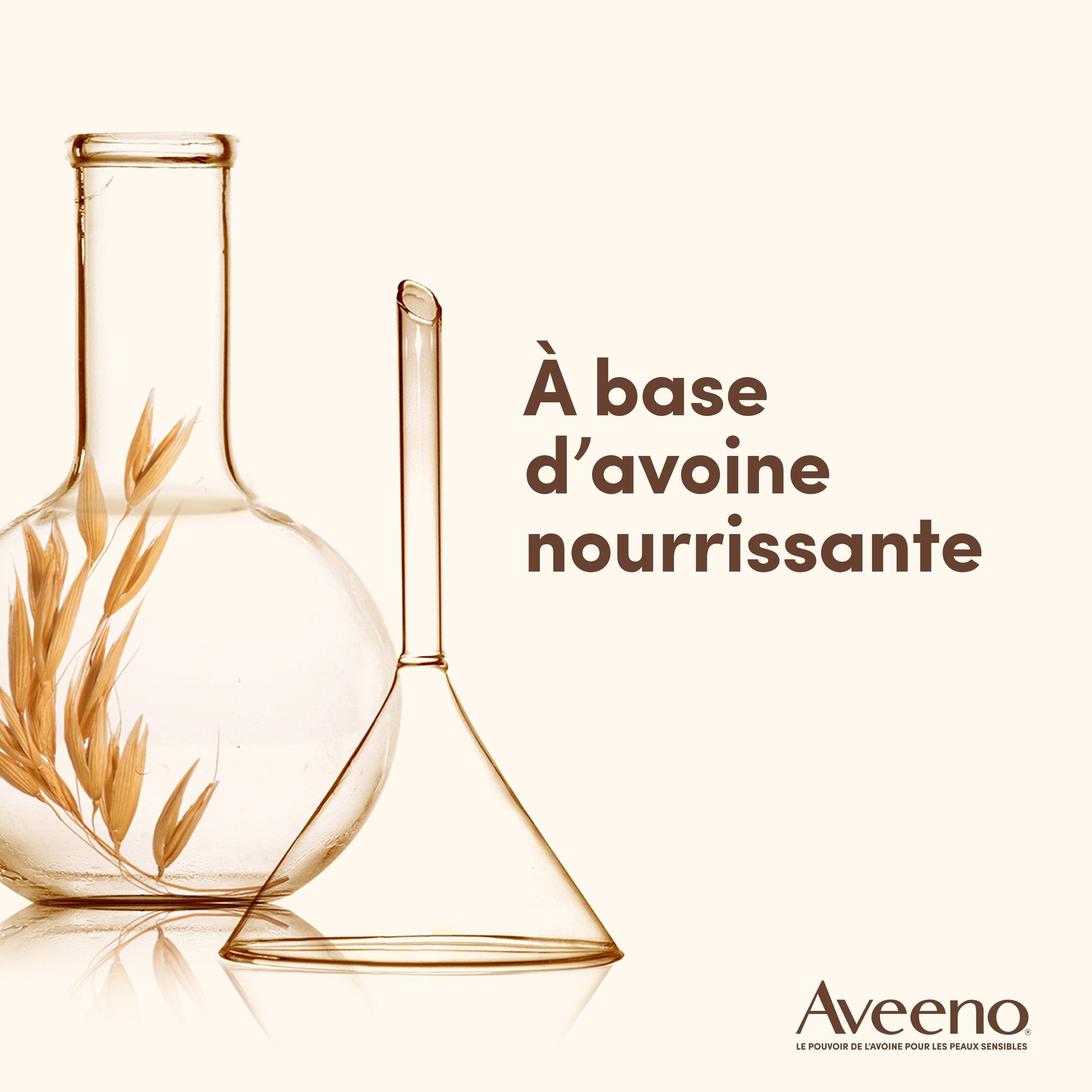 Verrerie de laboratoire avec avoine. Texte: À base d'avoine nourrissante. Logo AVEENO.