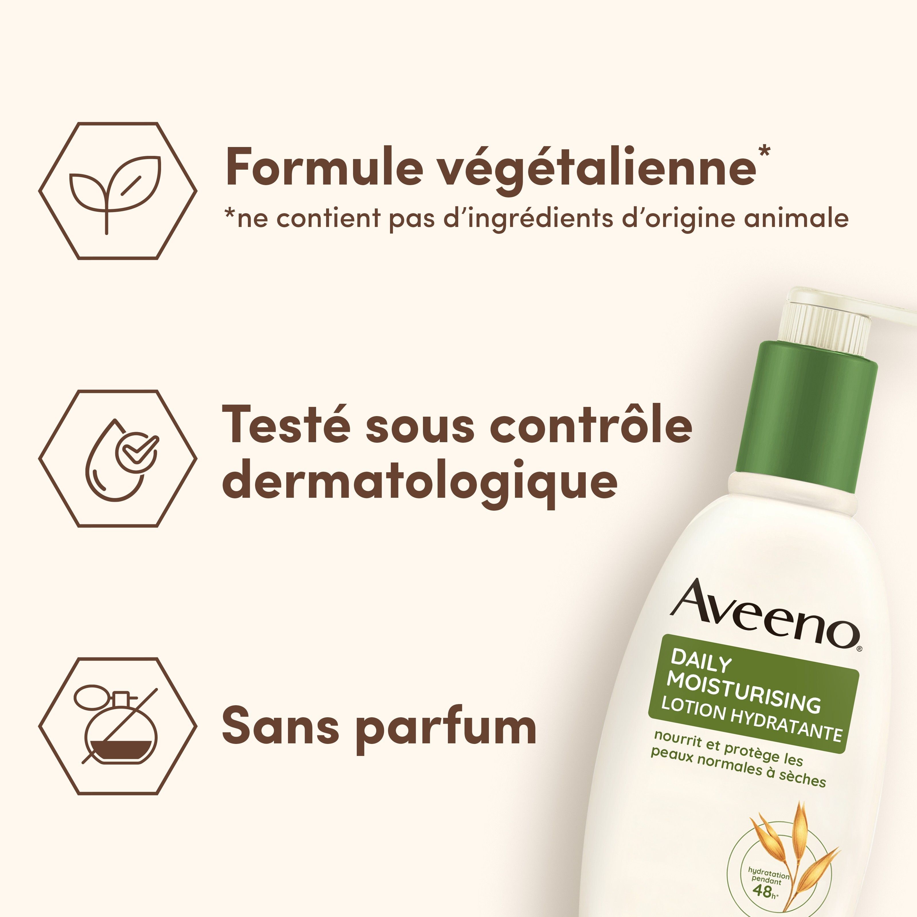 AVEENO Daily Moisturising Lotion hydratante. Texte: Formule végétalienne, testé dermatologiquement, sans parfum.