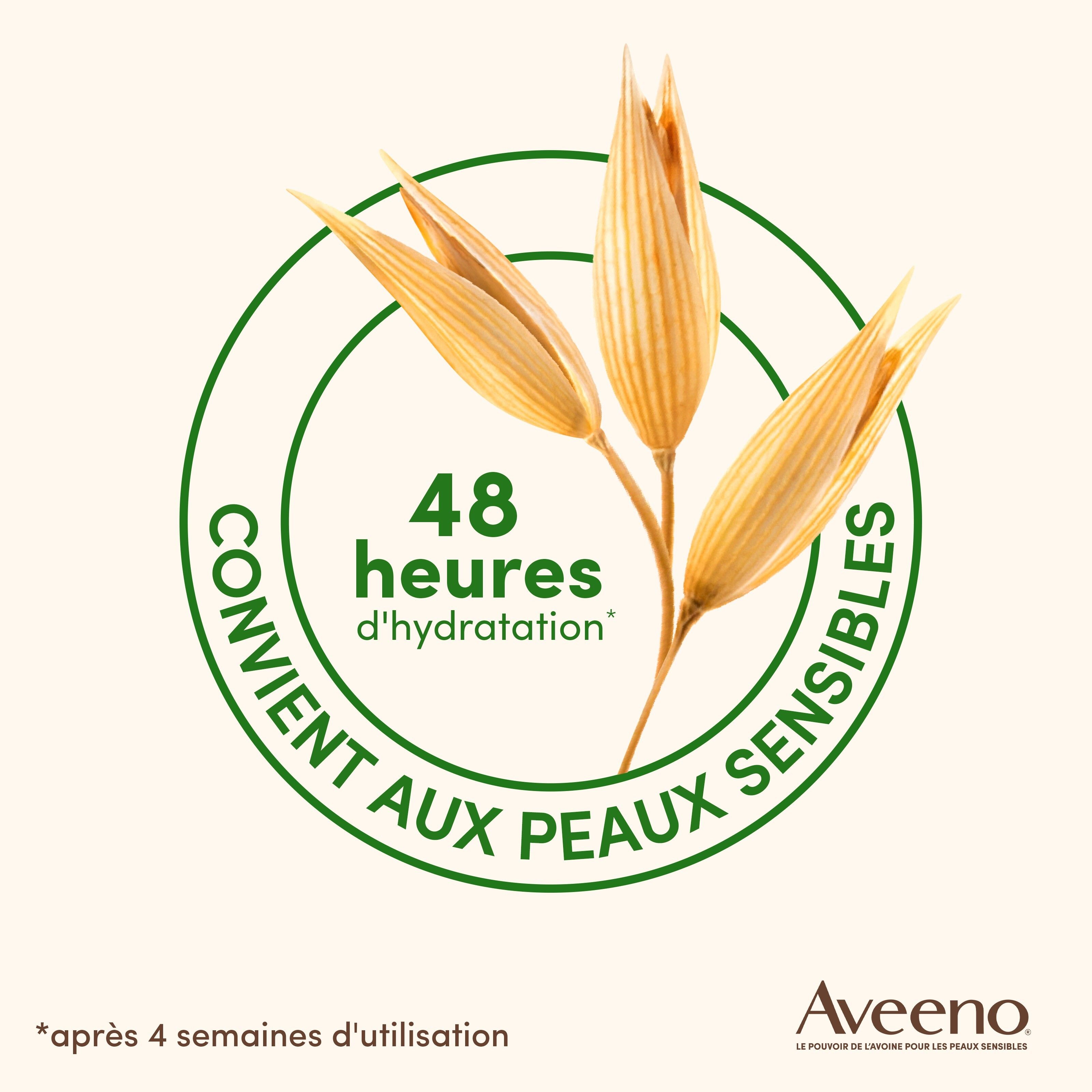 Logo circulaire avec épis d'avoine. Texte: 48 heures d'hydratation. Convient aux peaux sensibles. Logo AVEENO.