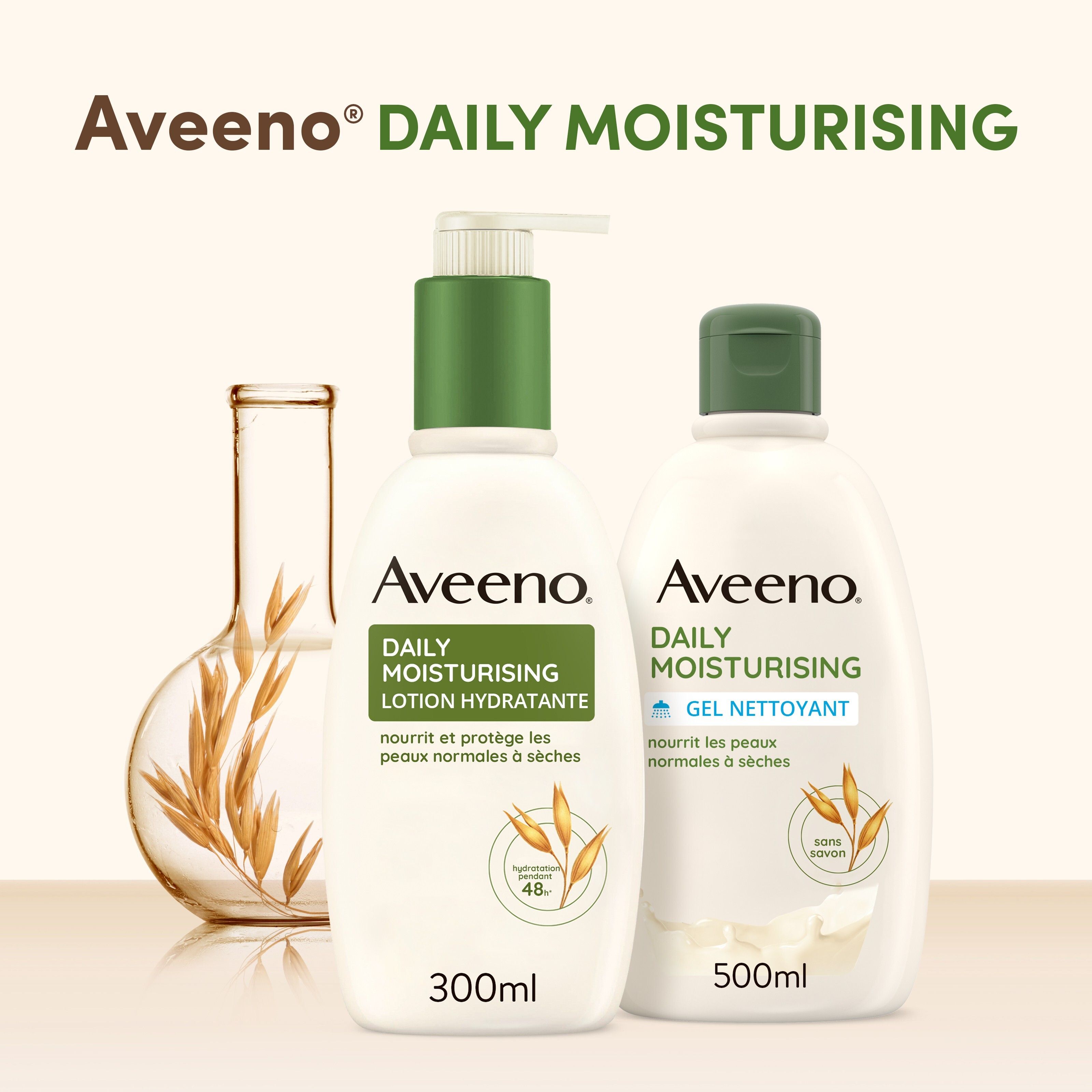 AVEENO Daily Moisturising Lotion et gel douche. Flacons blancs. 300 ml et 500 ml. Logo AVEENO.
