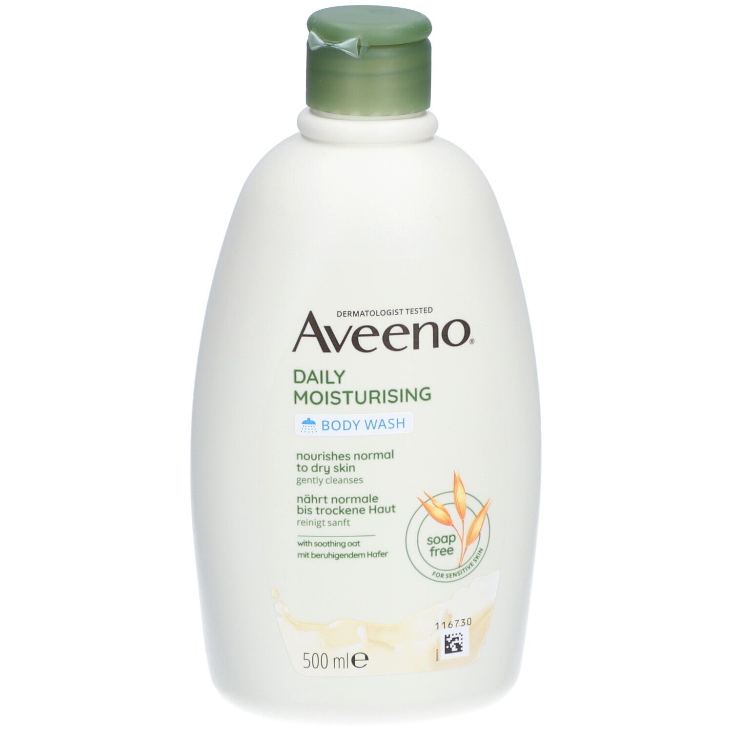 Weiße Flasche Aveeno Daily Moisturising Body Wash. Grüner Deckel. Aufschrift und Hafer-Symbol.