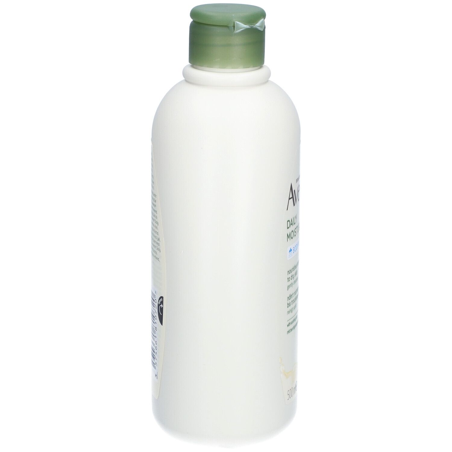 Weiße Flasche Aveeno Daily Moisturising Body Wash. Grüner Deckel. Seitenansicht.
