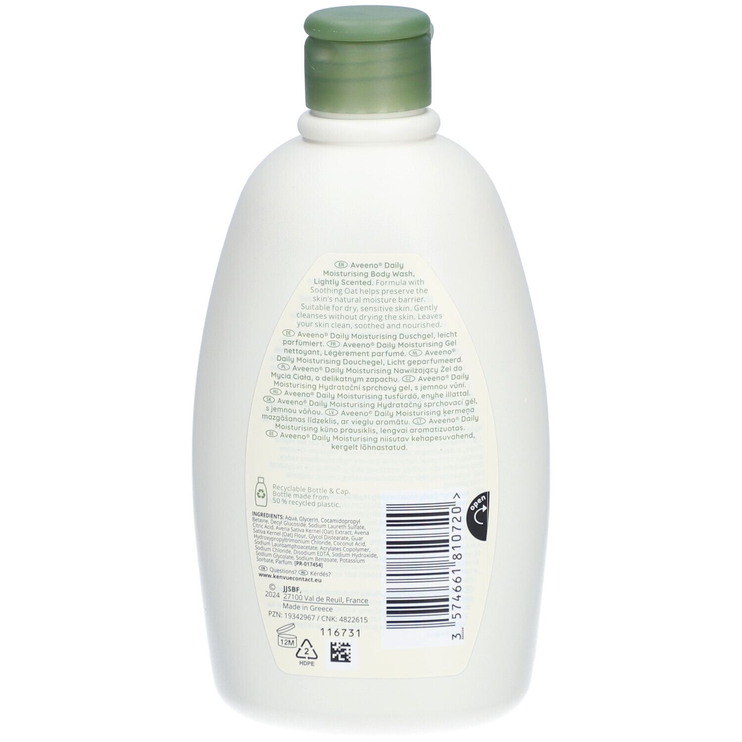 Rückseite der weißen Flasche Aveeno Daily Moisturising Body Wash. Text und Barcode.