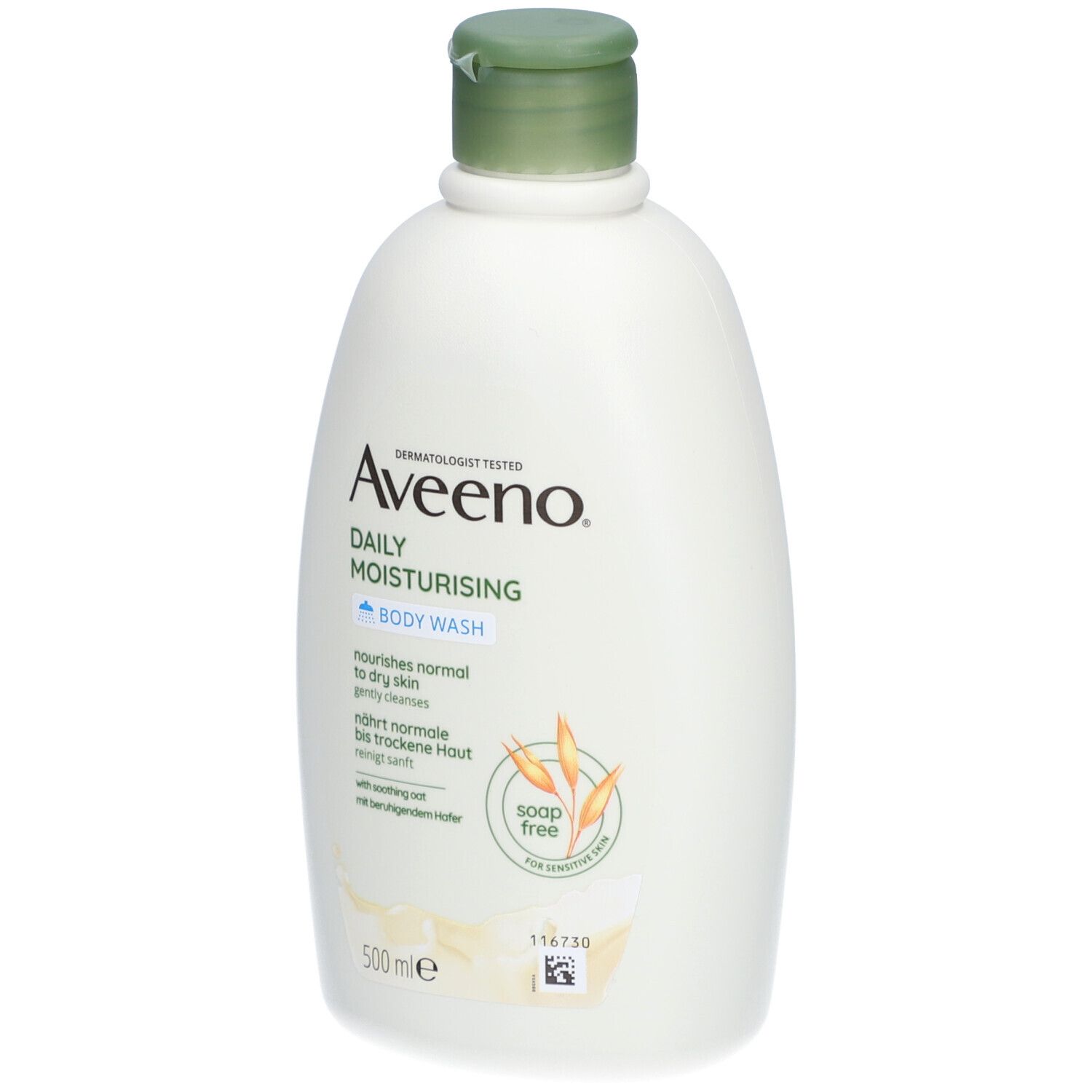Weiße Flasche Aveeno Daily Moisturising Body Wash. Grüner Deckel. Aufschrift und Hafer-Symbol.