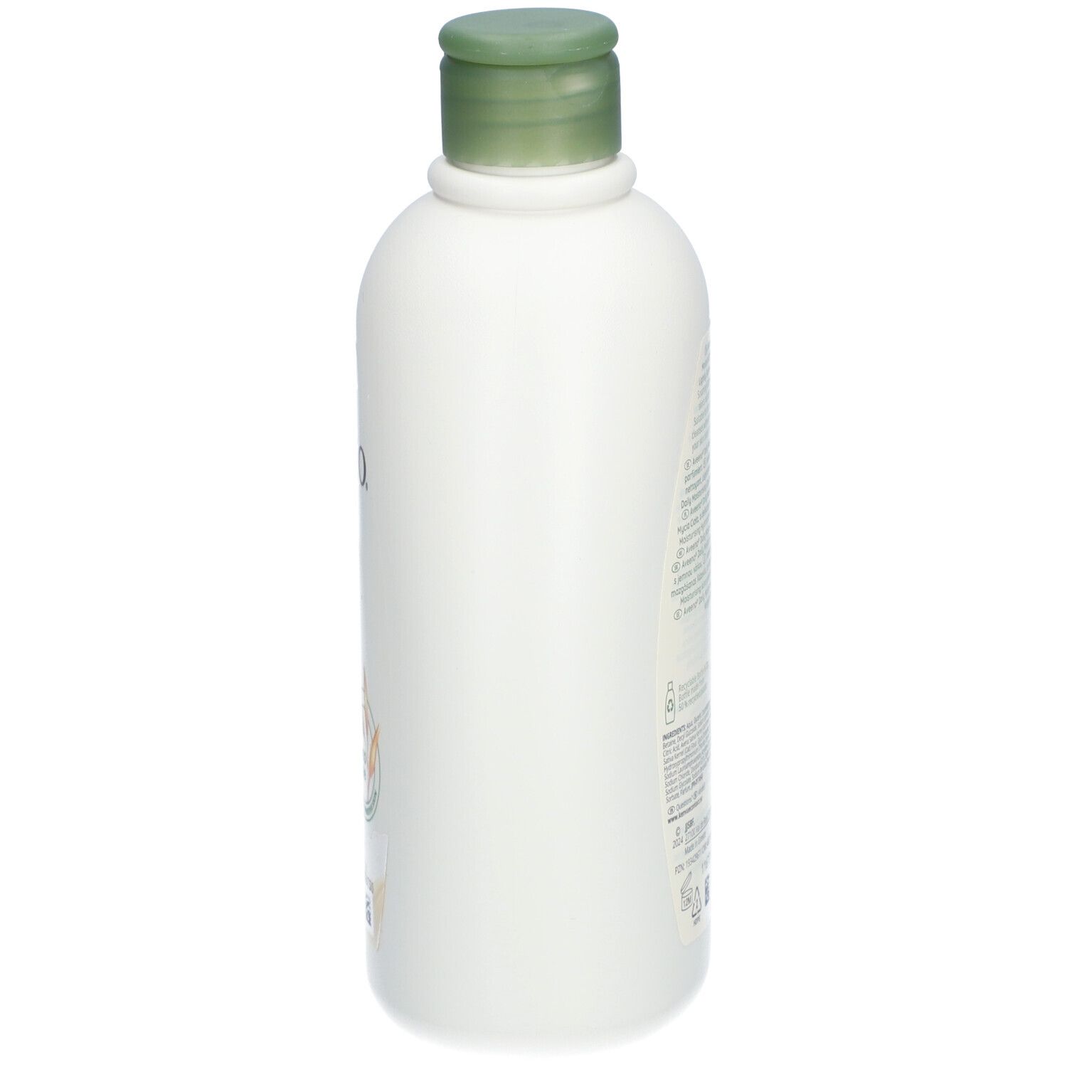 Weiße Flasche Aveeno Daily Moisturising Body Wash. Grüner Deckel. Seitenansicht.