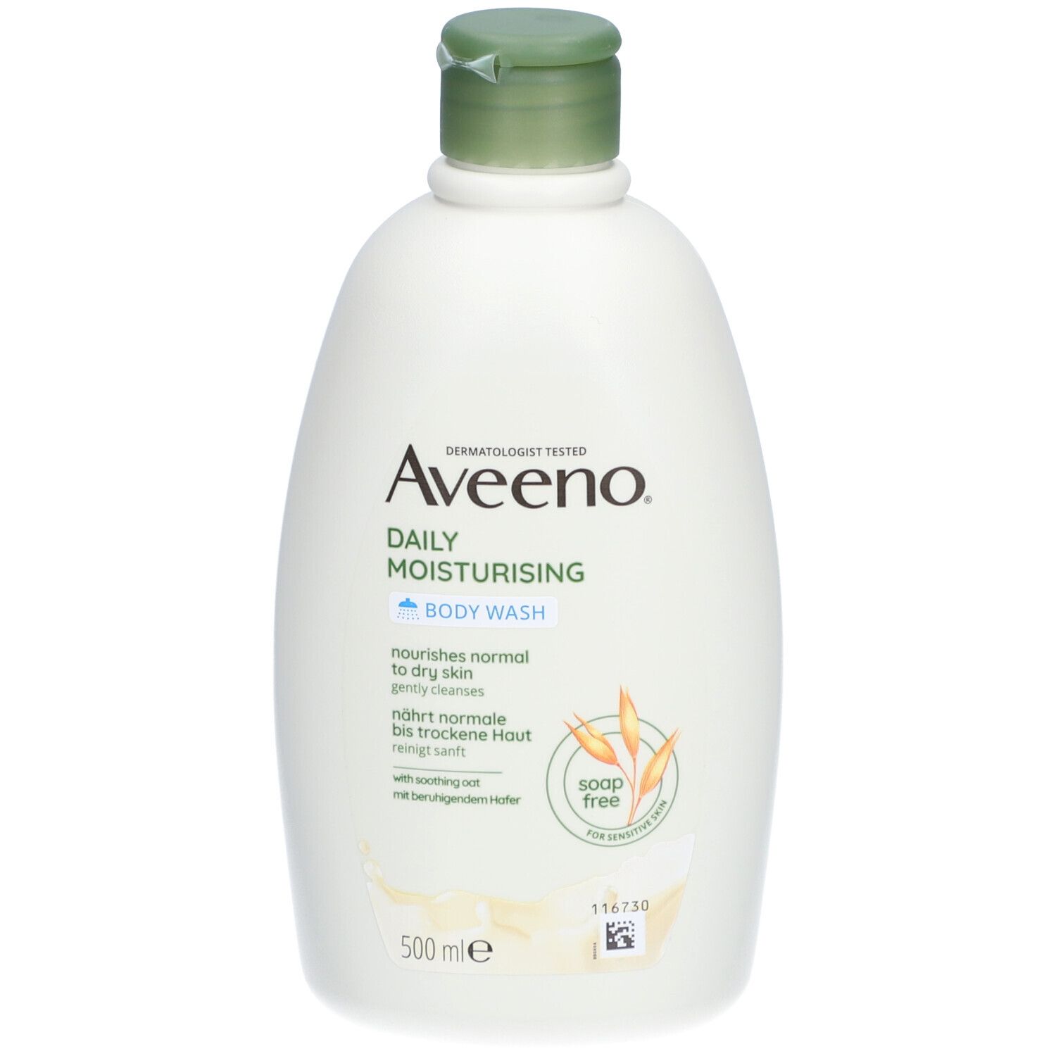 Weiße Flasche Aveeno Daily Moisturising Body Wash. Grüner Deckel. Aufschrift und Hafer-Symbol.