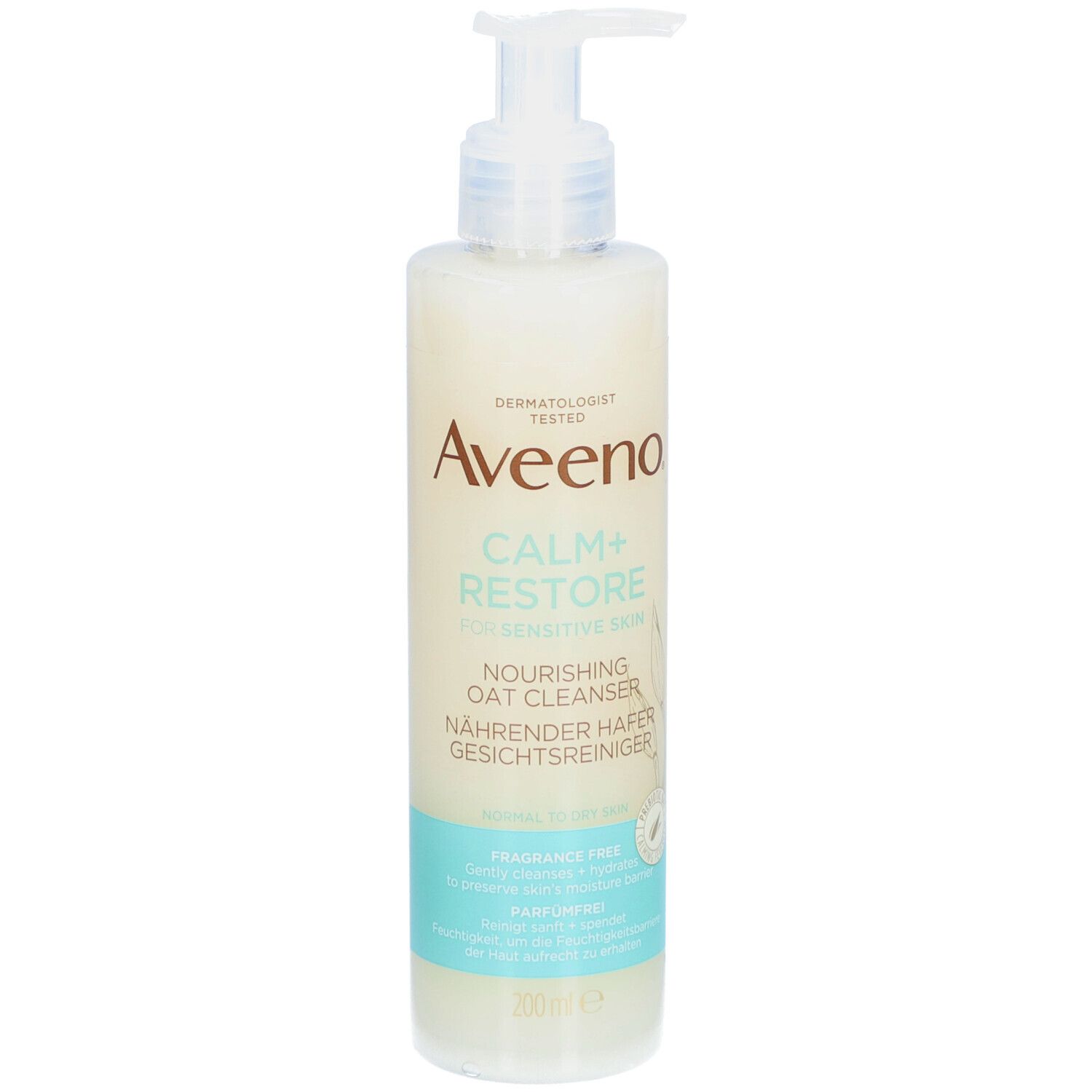 Aveeno CALM+RESTORE Gesichtsreiniger. Flasche mit Spender. Beige-weiß, türkisfarbene Akzente. Text.
