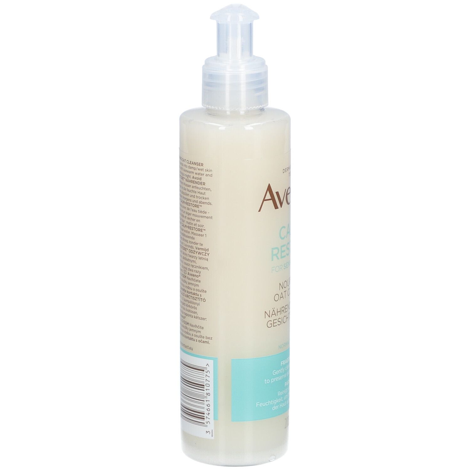 Rückseite der Aveeno CALM+RESTORE Gesichtsreiniger Flasche. Text und Barcode.