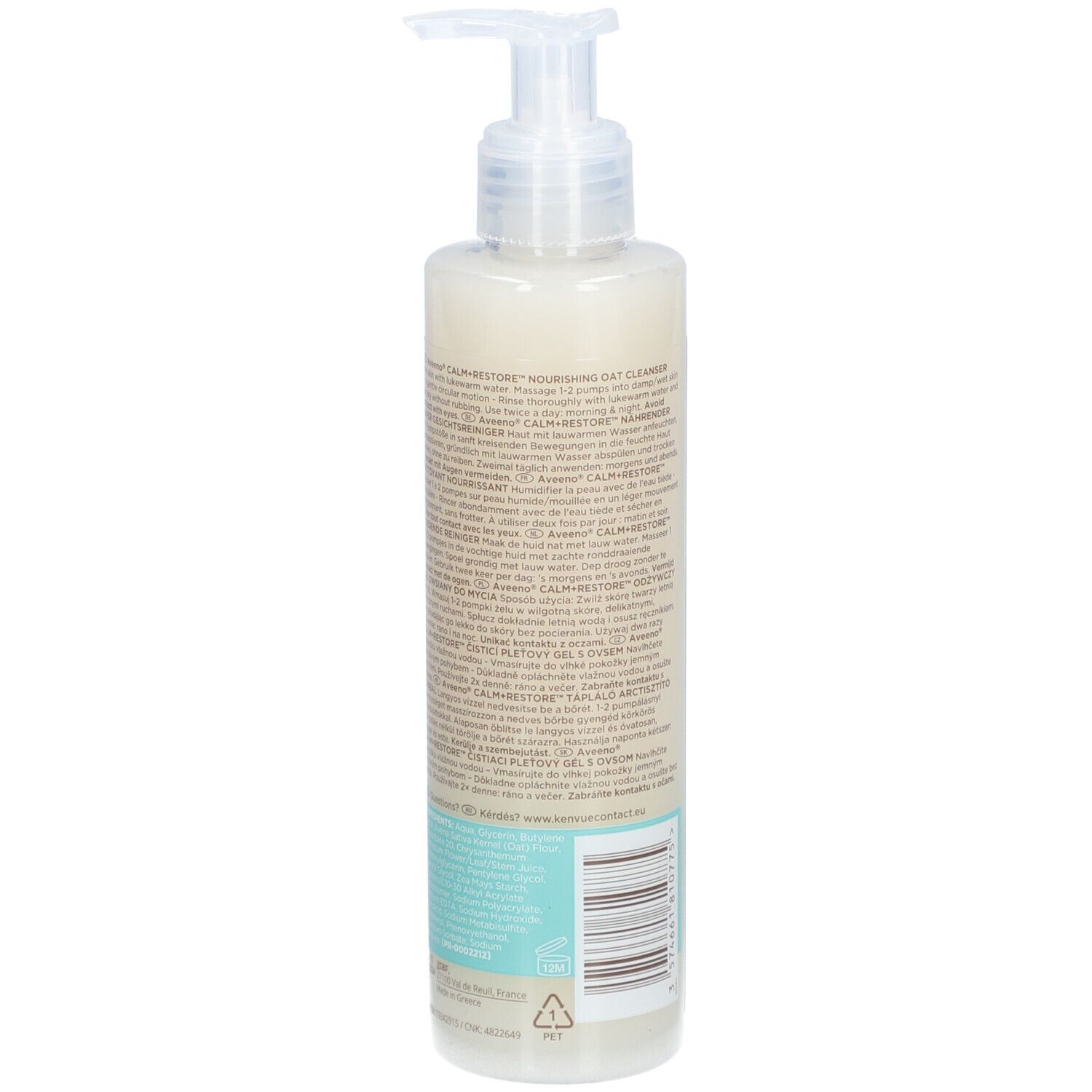 Rückseite der Aveeno CALM+RESTORE Gesichtsreiniger Flasche. Text und Barcode.