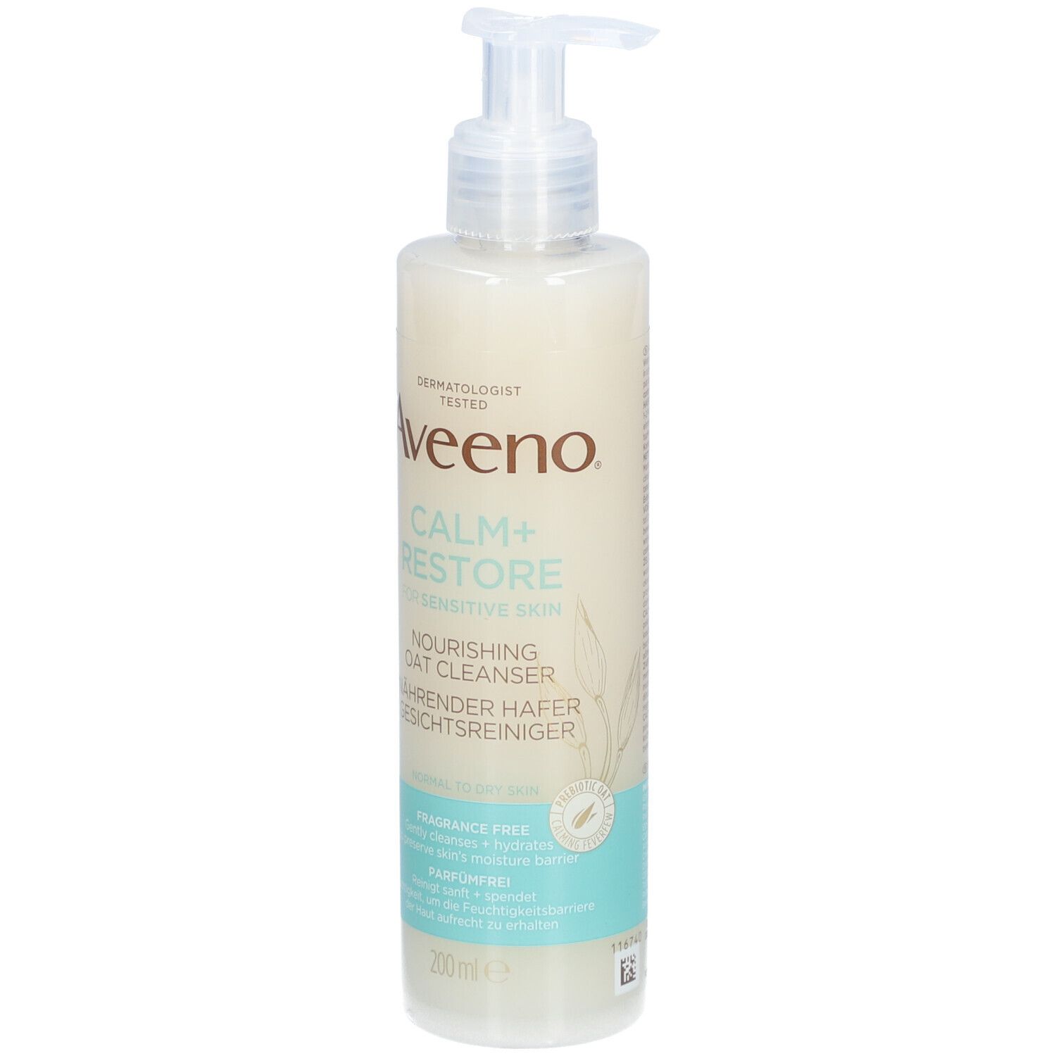 Aveeno CALM+RESTORE Gesichtsreiniger. Flasche mit Spender. Beige-weiß, türkisfarbene Akzente. Text.
