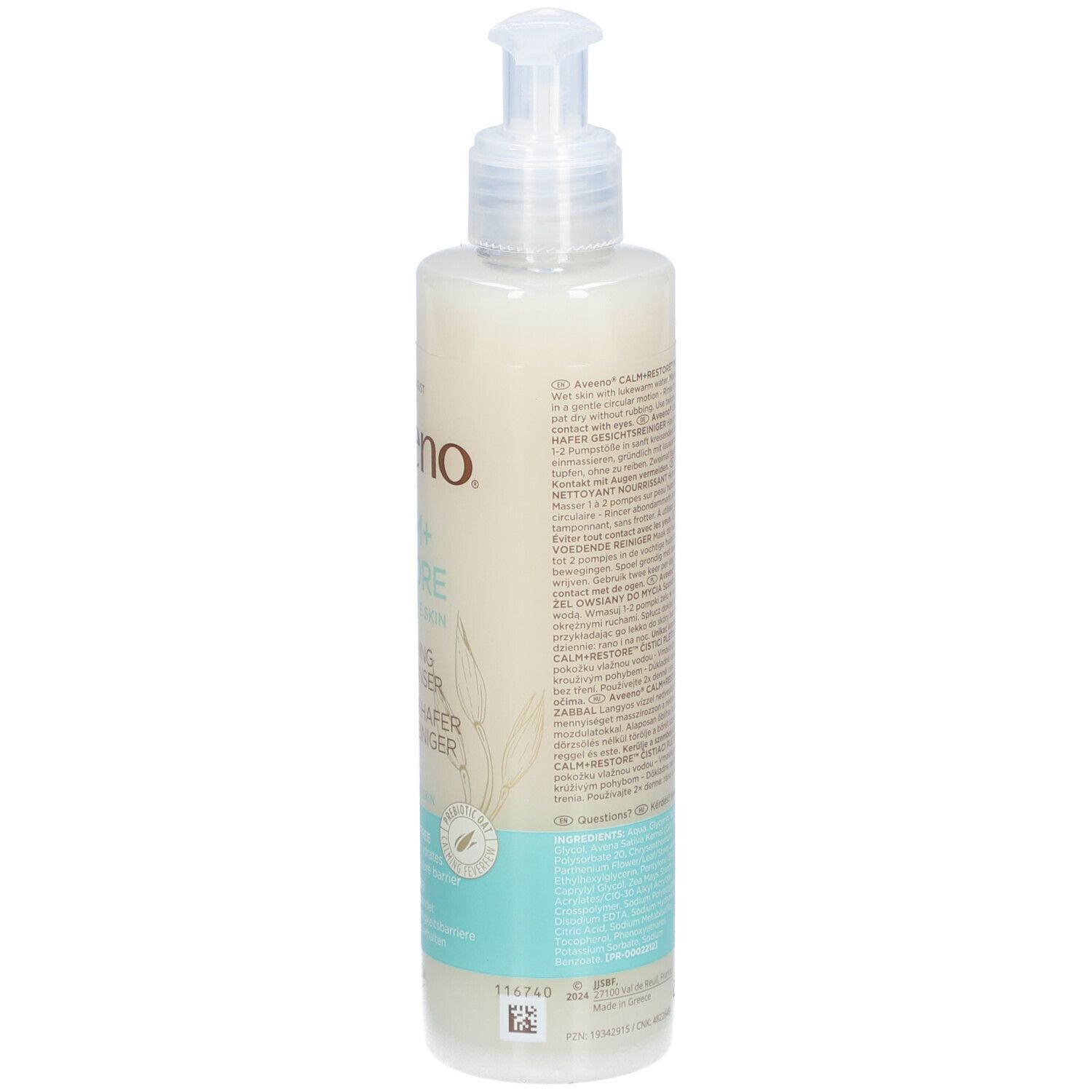 Rückseite der Aveeno CALM+RESTORE Gesichtsreiniger Flasche. Text und Barcode.