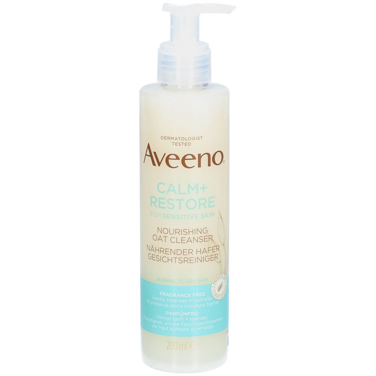 Aveeno CALM+RESTORE Gesichtsreiniger. Flasche mit Spender. Beige-weiß, türkisfarbene Akzente. Text.