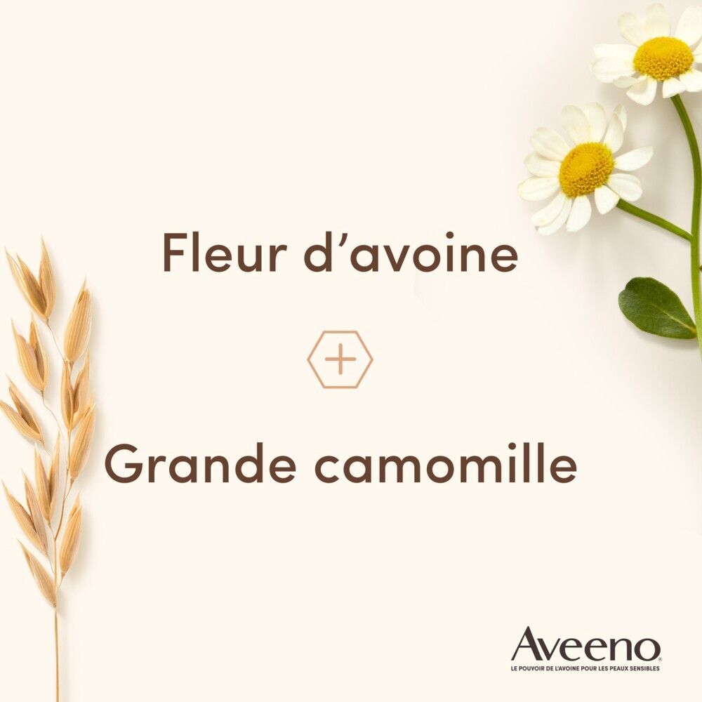Graphique : Fleur d'avoine et Grande camomille. Texte. Logo Aveeno.