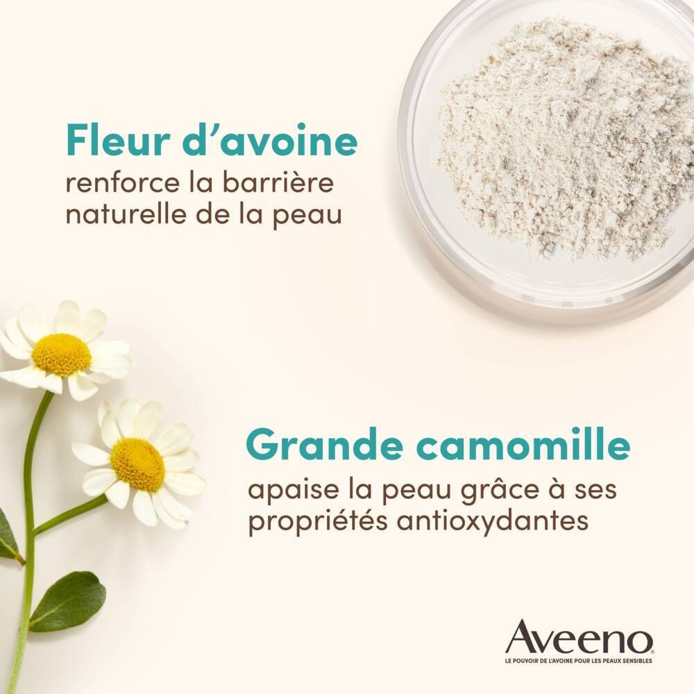 Graphique : Fleur d'avoine et Grande camomille. Texte. Logo Aveeno.