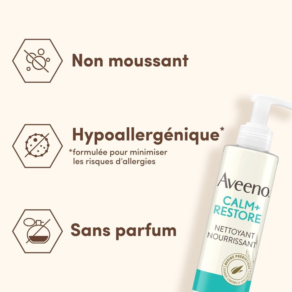 Graphique : Non moussant, hypoallergénique, sans parfum. Aveeno CALM+RESTORE Nettoyant Nourrissant.