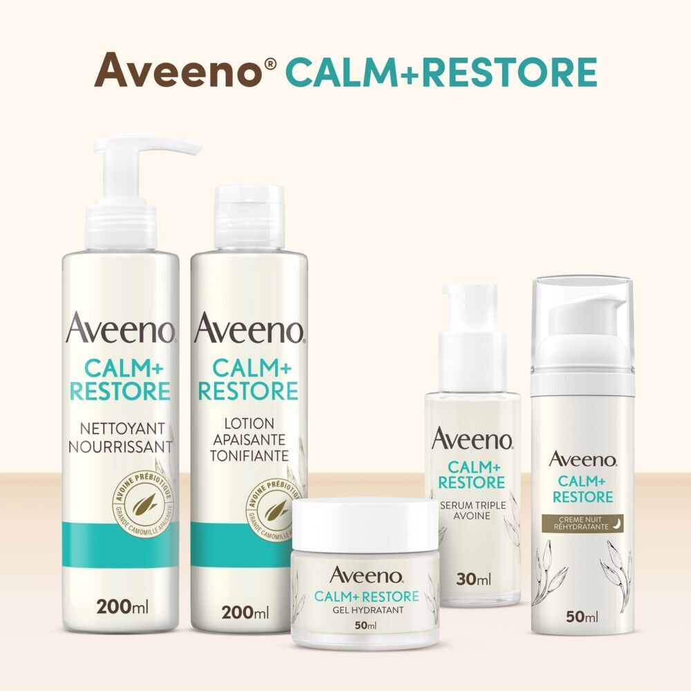 Gamme de produits Aveeno CALM+RESTORE. Nettoyant, lotion, gel, sérum, crème. Emballages.